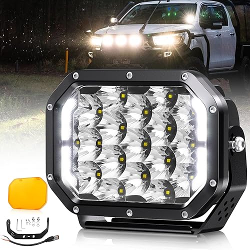 BraveWAY Luces de conducción LED cuadradas de 5 x 7 pulgadas  125 W 19800 lm con cubiertas amarillas DRL, salida de haz combinado de inundación