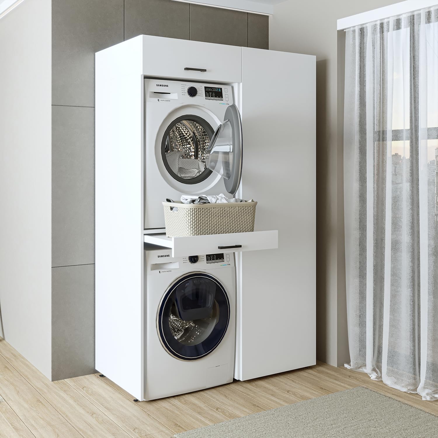 ROOMART, Schrankwand, Trockner auf Waschmaschine, 127 cm breit, Waschschrank, Waschmaschinenregal (1 Einlegeboden, Weiß)