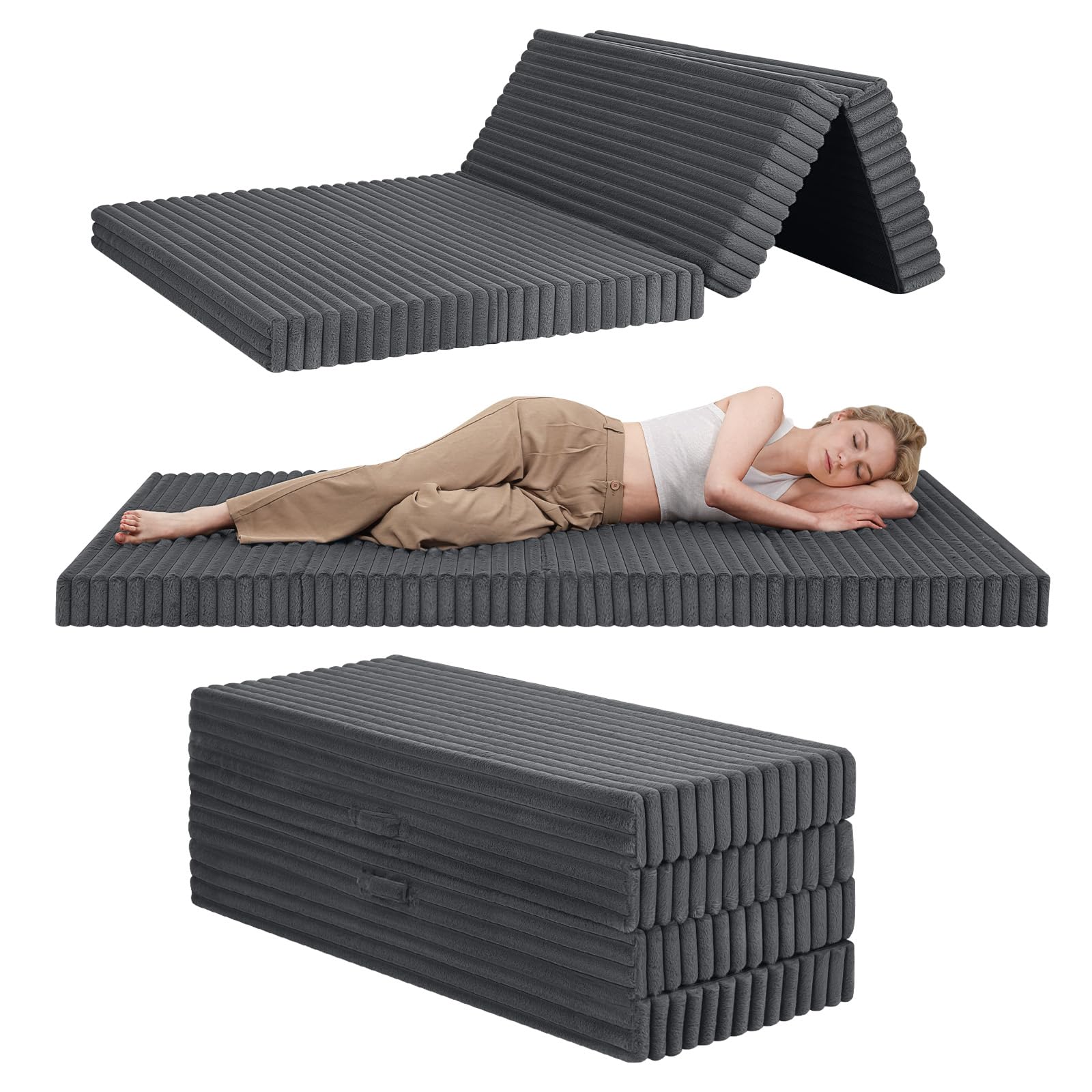 MeMoreCool Folding Floor Mattress Double 190x135cm, 4-Fold High Density Foam Foldable Futon Mattress with Washable Cover, Wide Stripe Plush Portable Guest Bed for Travel Camping, Grey