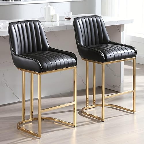 ROCITY Juego de 2 taburetes de bar de cuero negro modernos con patas doradas de 26 pulgadas de altura de mostrador, sillas tapizadas de isla de