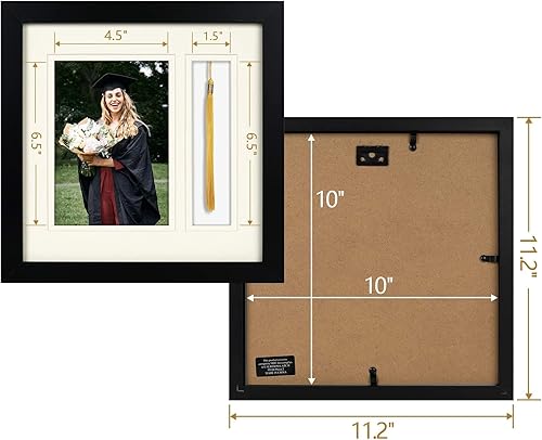 Golden State Art, Marco negro de caja de sombra de 10 x 10 pulgadas, foto de 5 x 7 pulgadas, borla, tapete doble (marfil sobre marfil) - cuadrado -