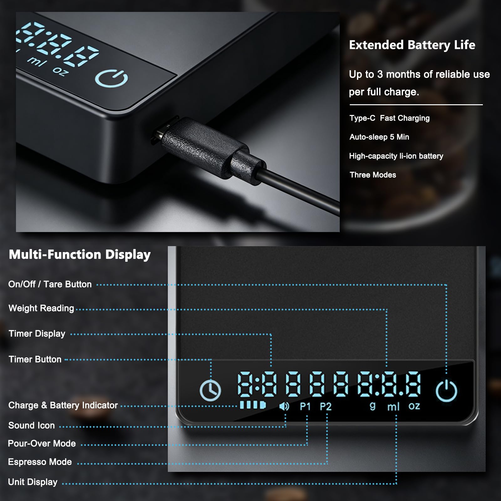 Mini-Kaffeewaage mit Timer, wiederaufladbare Espressowaage mit Schwerkraftsensor, 2 kg/0,1 g, hochpräzise digitale Küchenwaage für Espresso & Übergießen, Schwarz