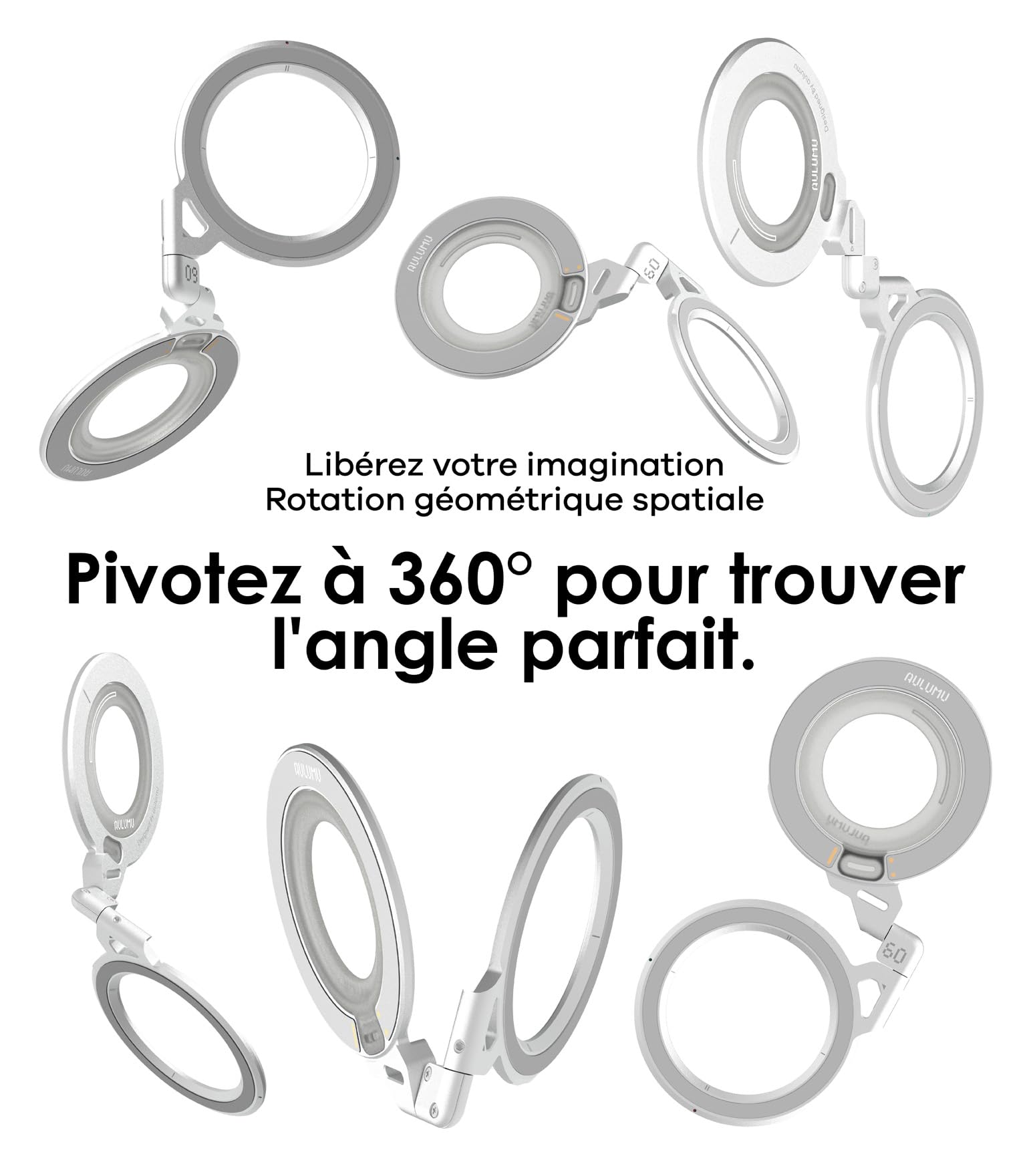 Aulumu G09 Anneau Téléphone Portable - Support Magnétique Double Face avec Rotation 360°, Support de Téléphone pour MagSafe en Alliage d‘Aluminium pour iPhone 17/16/15/14/13/12 - Noir