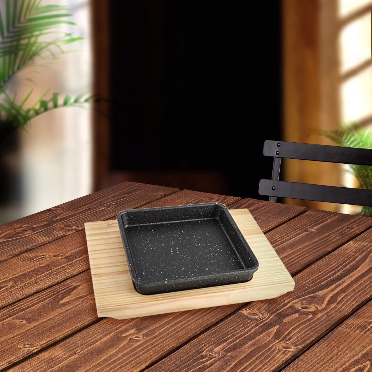 Trendy Cast Iron Square Sizzling Plate with Base - 23x17x4 cm