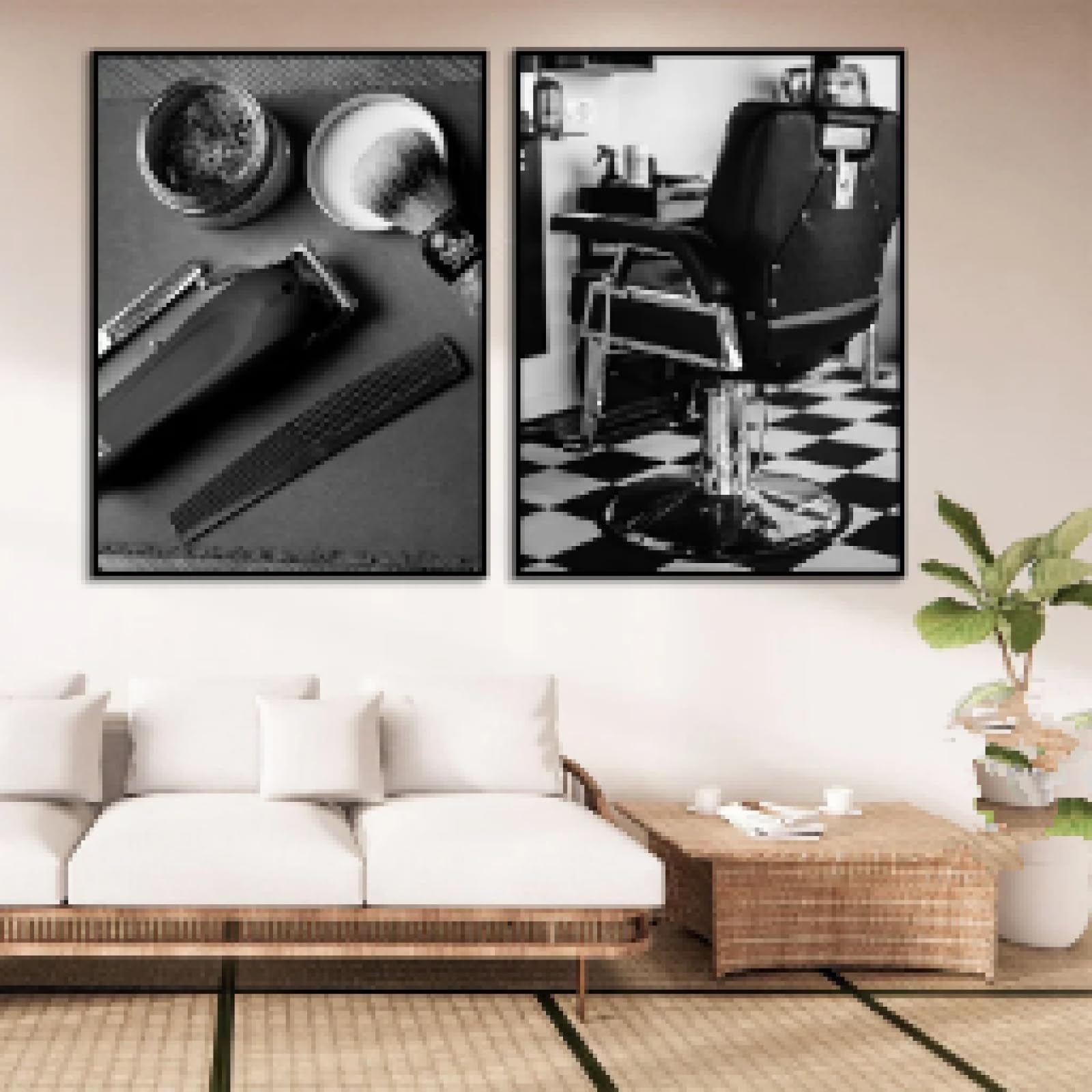 Vintage Barber Shop Schwarz-Weiß-Foto-Stil Haarschnitt Friseurstuhl Kunst Poster Leinwand Malerei Wanddrucke Bild Raumdekoration 80x120cmx2 Rahmenlos