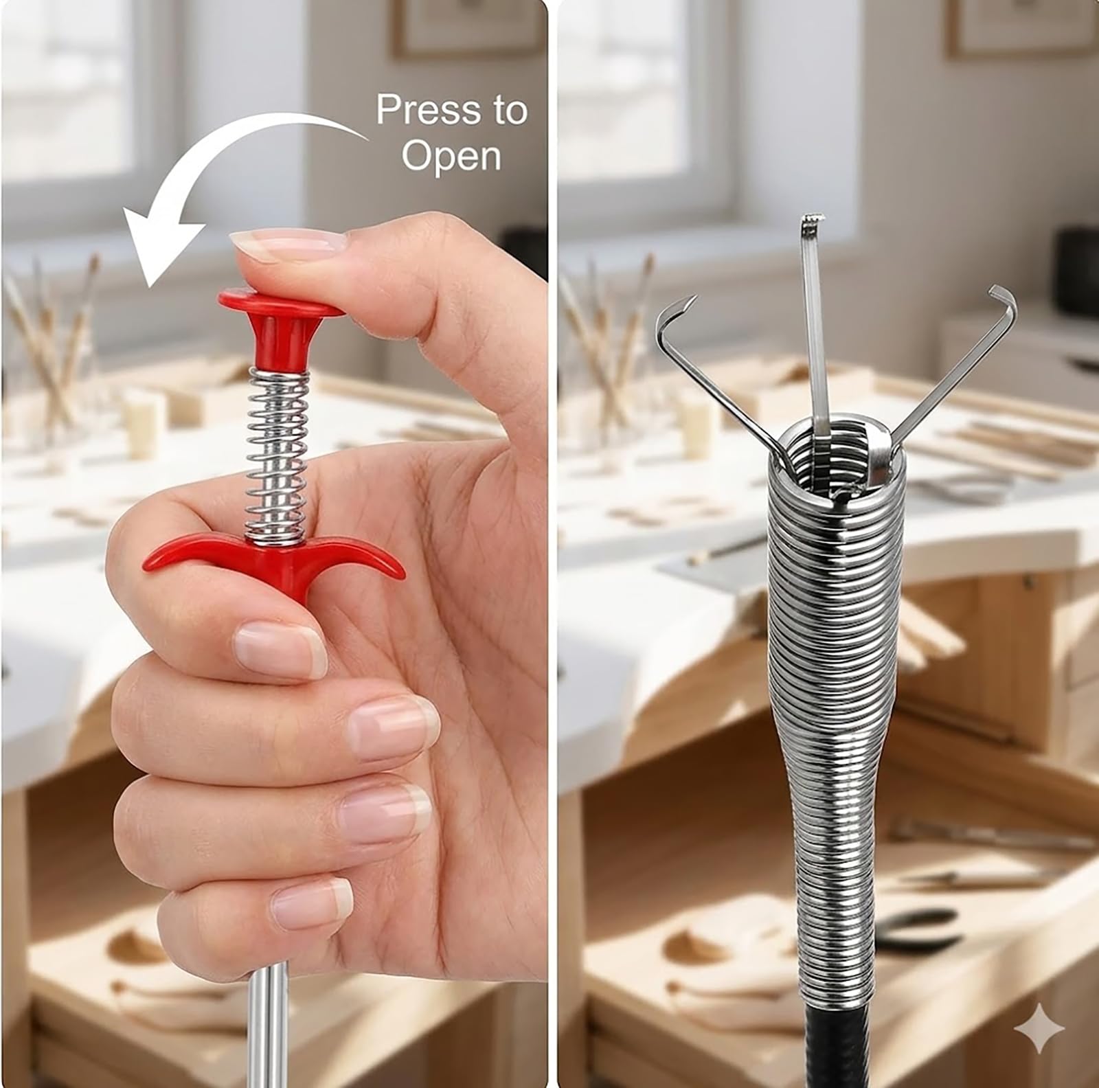 Herramienta flexible para eliminar obstrucciones de drenaje, atrapador de pelo de serpiente de fontanería extra larga con garra de agarre de 4 puntas, alcanzador de resorte resistente para fregadero
