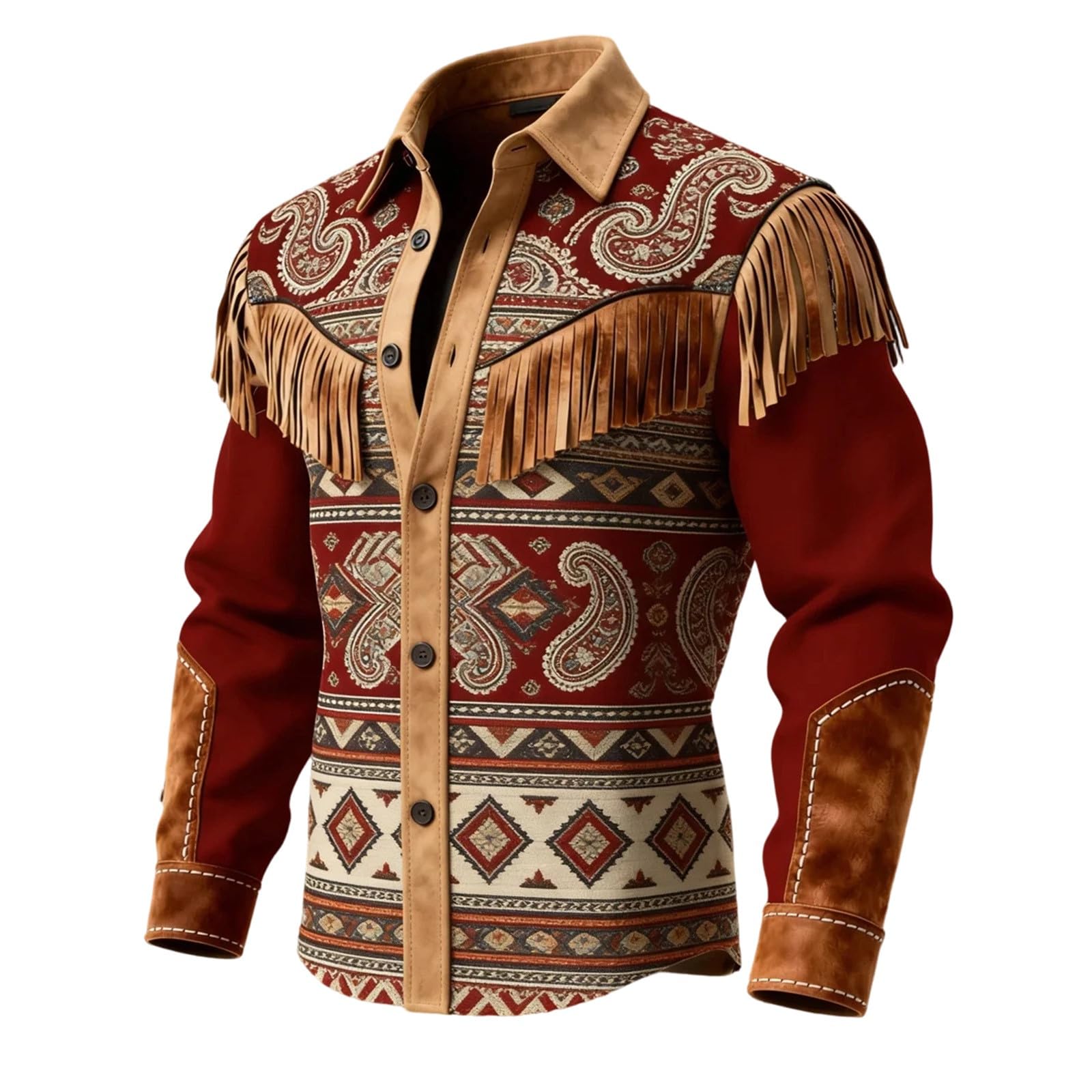 Cowboy Outfit Men's Western Shirts Suede Fringe Jacket Button Down Long Sleeve Work Fringe Shirt Hippie Outfits Carnival Western Shirt Retro Style Casual Button Down Lapel Collar Shirt, O Red, M