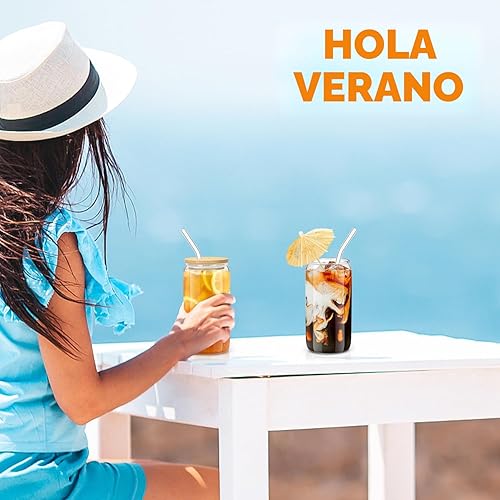 Miniatura 6 de sungwoo 4 vasos de vidrio con tapas y pajitas de bambú, taza de café helado de 16 onzas, juego de tazas para beber con tapas de madera, vasos de