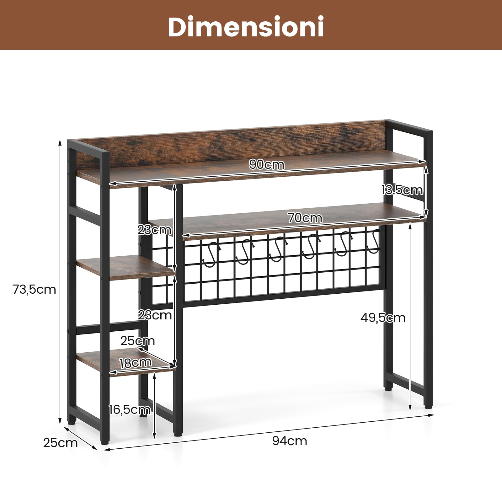 RELAX4LIFE Libreria da Scrivania a 4 Ripiani, Organizer per Oggetti con Pannello a Griglia Metallica, Mensola Scaffale Espositivo da Scrivania in Legno per Ufficio Casa Dormitorio (Industriale)