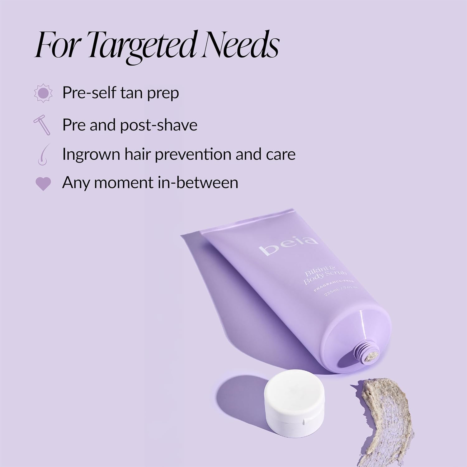 Beia Bikini & Body Scrub - Gentle Exfoliating Body Scrub with Glycolic Acid & Rice Extract - Fights Ingrown Hairs KP Bumps & Dry Skin - Hydrating & Soothing for Sensitive Skin 7.6 Oz