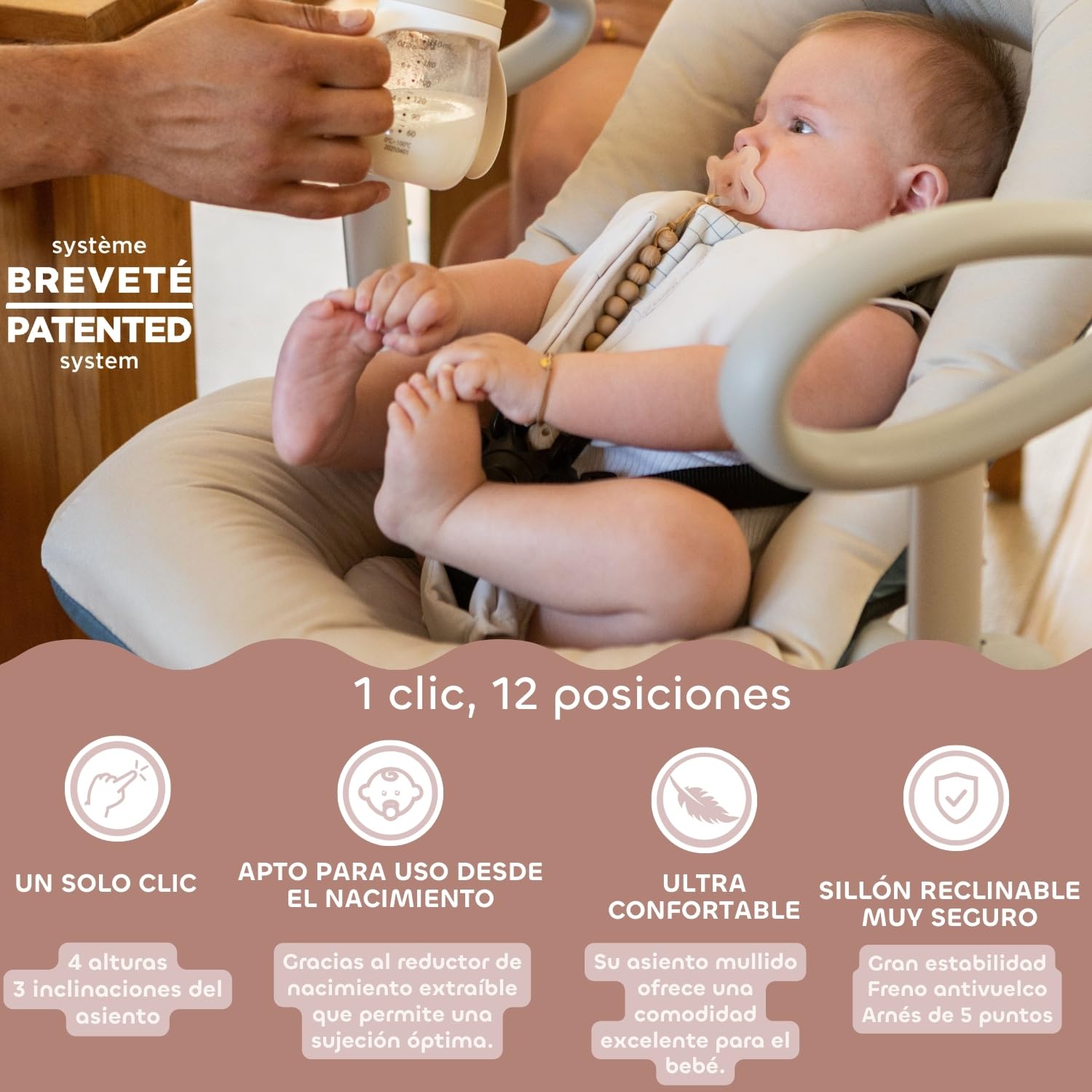 BÉABA, Hamaca Up & Down IV, Regulable en Altura, Unisex para Bebé y Niños, 3 Posiciones de Inclinación, Arnés de Seguridad 5 Puntos, Reductor de Nacimiento, Arcilla