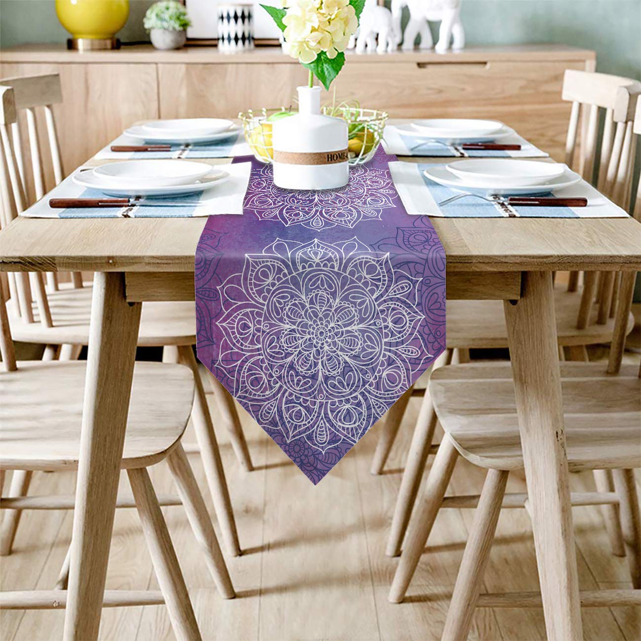 HELLOWINK 36inch Burlap Table Runners for Dinning Room, Bohemian Mandala Flower, Cotton Linens Table Runner Table Cloth for Wedding Party Holiday Home Decor(Watercolor Purple)