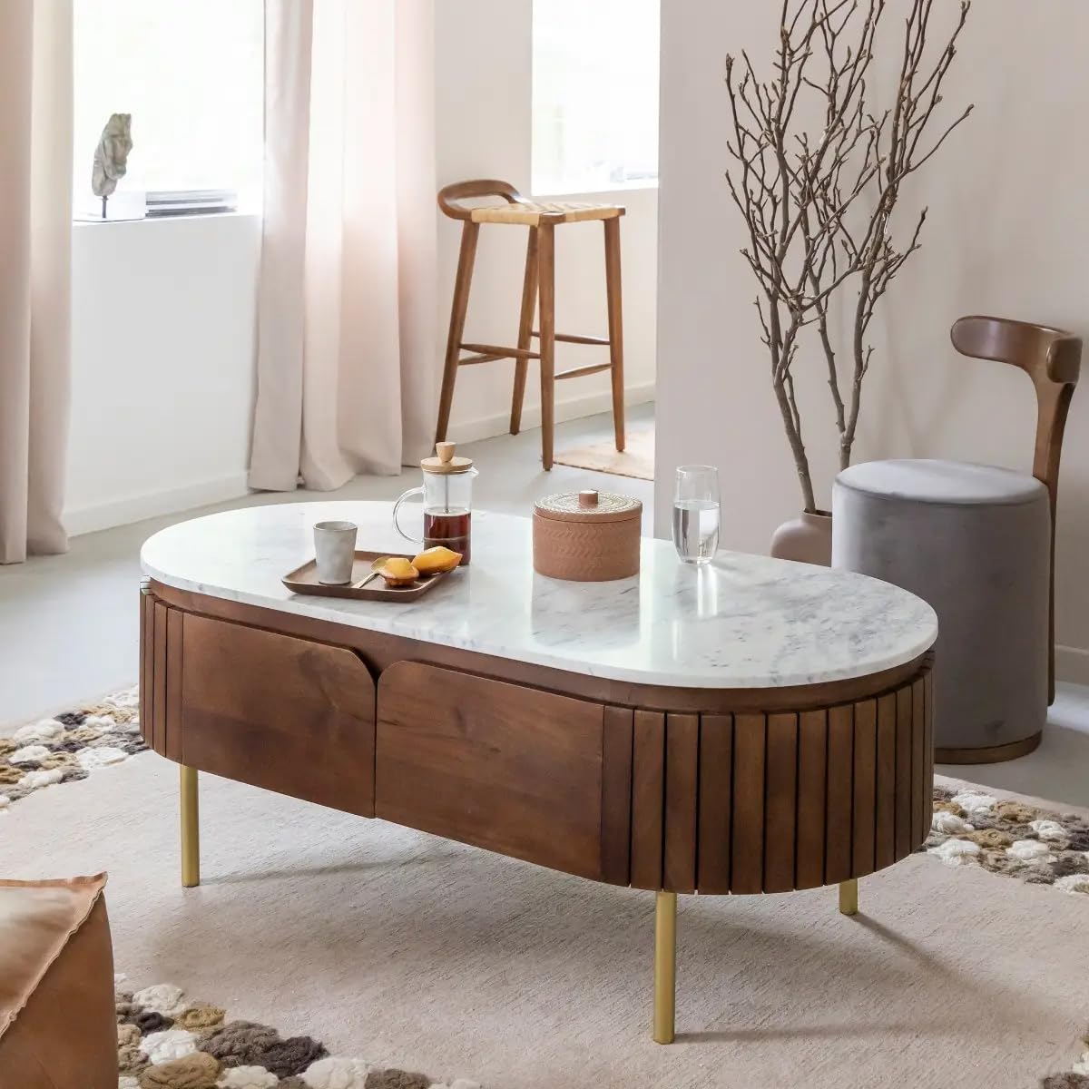 The Attic Carlston Coffee Table|Coffee Table for Living Room|Solid Wood Centre Table with Ceramic Top|Tobacco Brown Finish