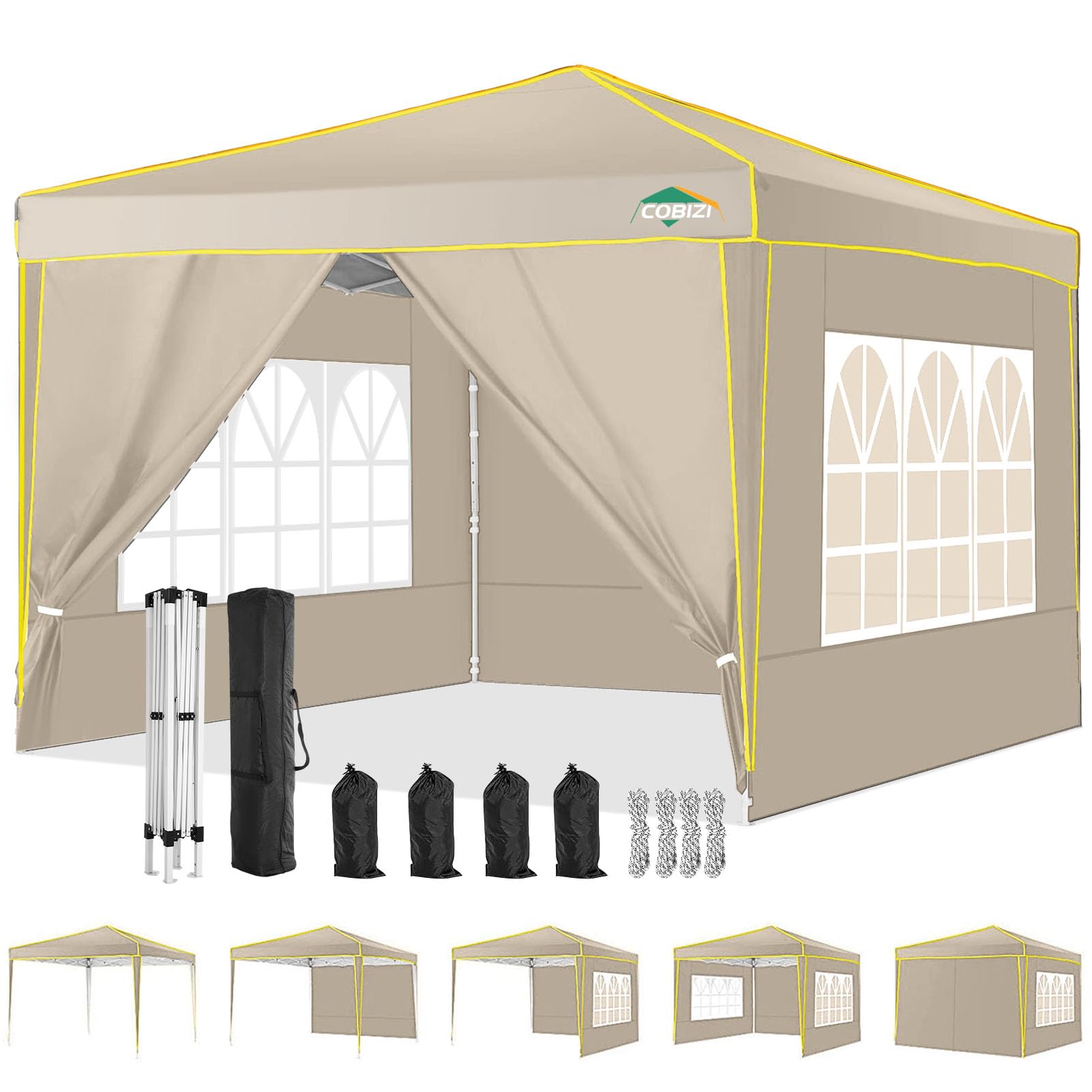 COBIZI 10x10 Pop up Canopy, Canopy Tent 10x10 Gazebos, Ez up Canopy 10x10 for Parties Beach Camping Party Event Shelter Sun Shade with 4 Sidewalls & Carry Bag 4 Stakes & Ropes & Sandbags, Khaki