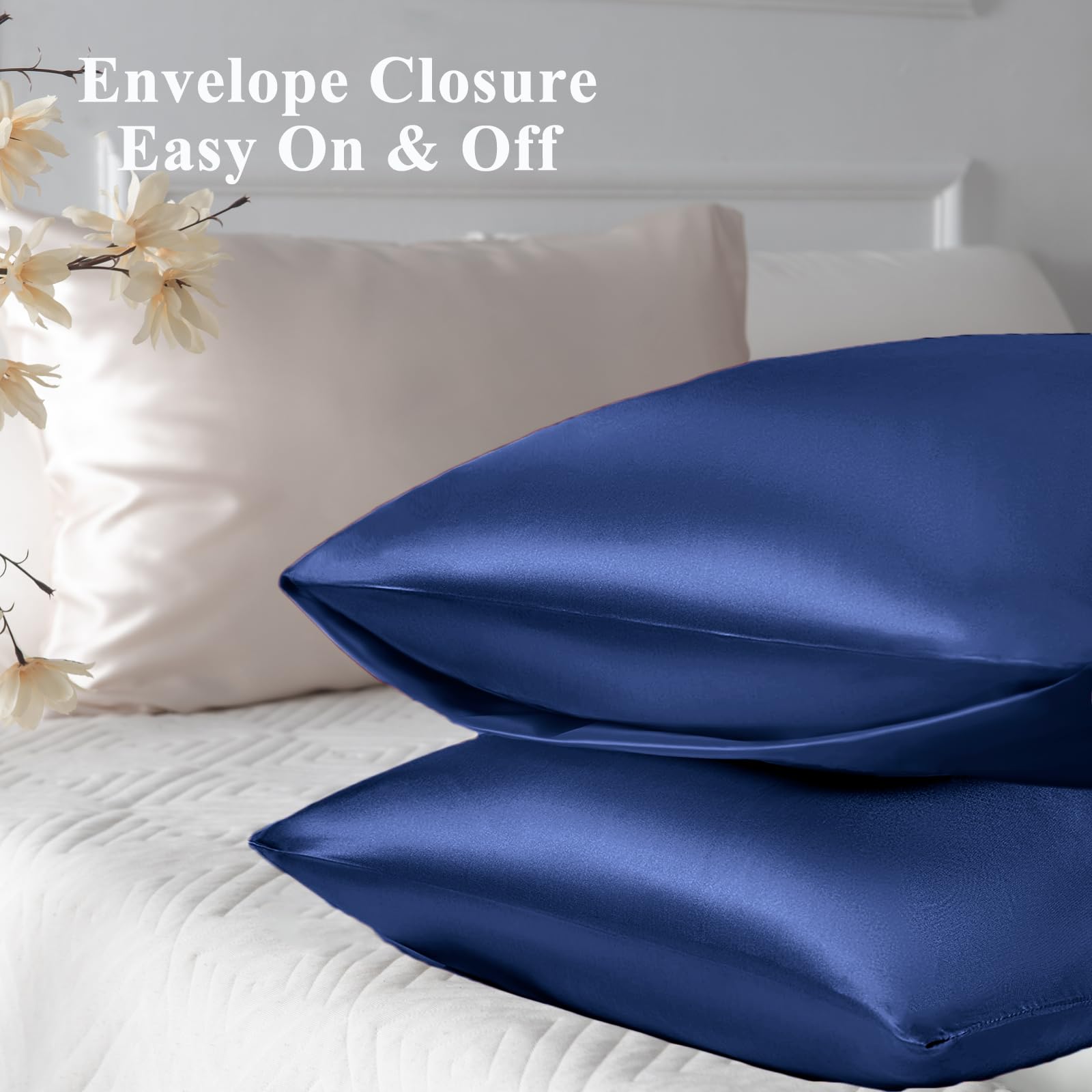Vielit Satin Pillowcase for Hair and Skin Cooling,Soft as Silk Pillowcase for Hair and Skin,Easier Care than Silk Pillow Cases 4 Pack Navy 50x75cm Gifts for Women Envelope & 2 Scrunchies - Image 3