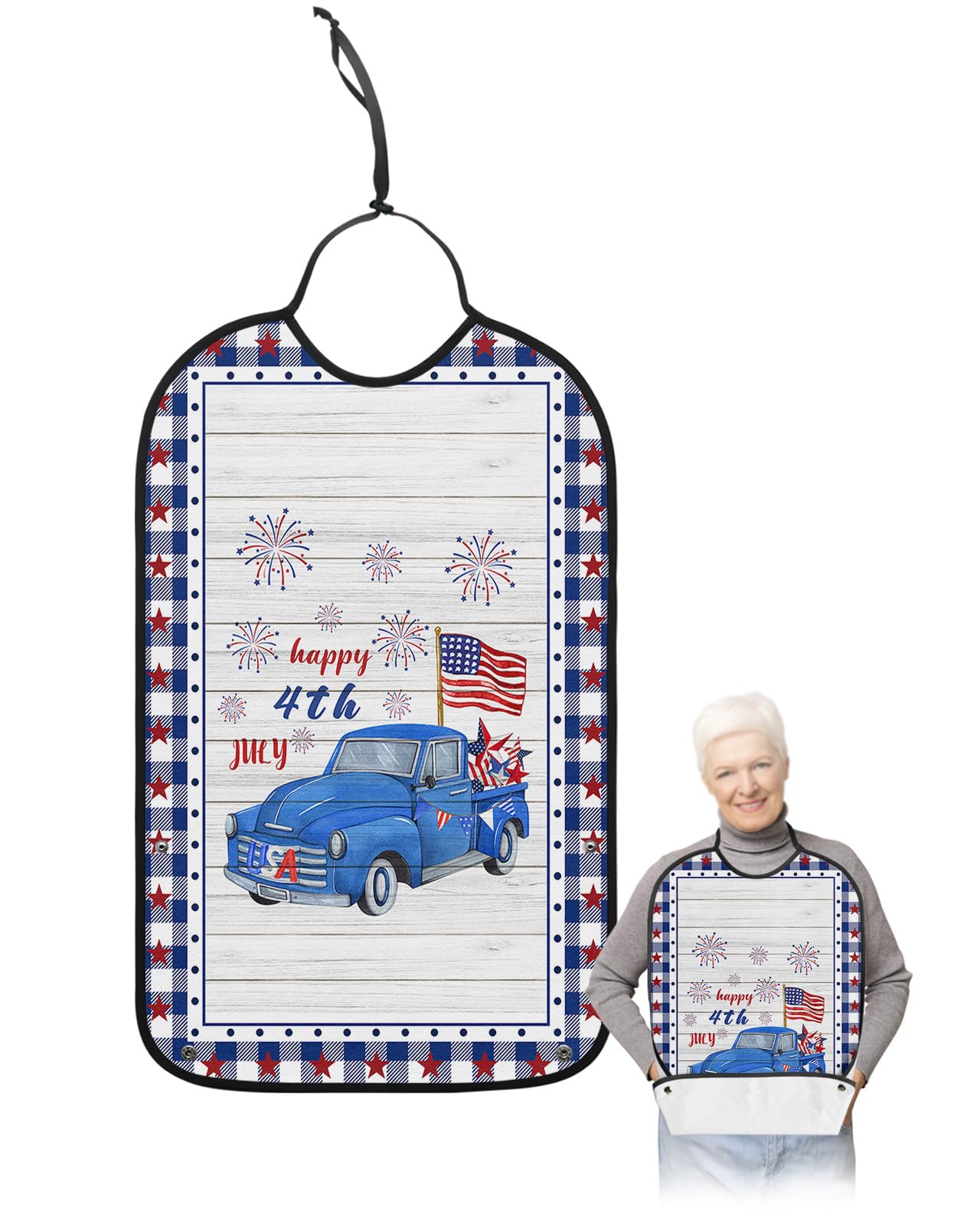 Adult Bibs for Elderly Women - Happy 4th of July Waterproof Dining Clothing Protectors with Crumb Catcher for Eating/Feeding, Blue Truck American Flag on Wood Terry Cloth Bib Machine Washable