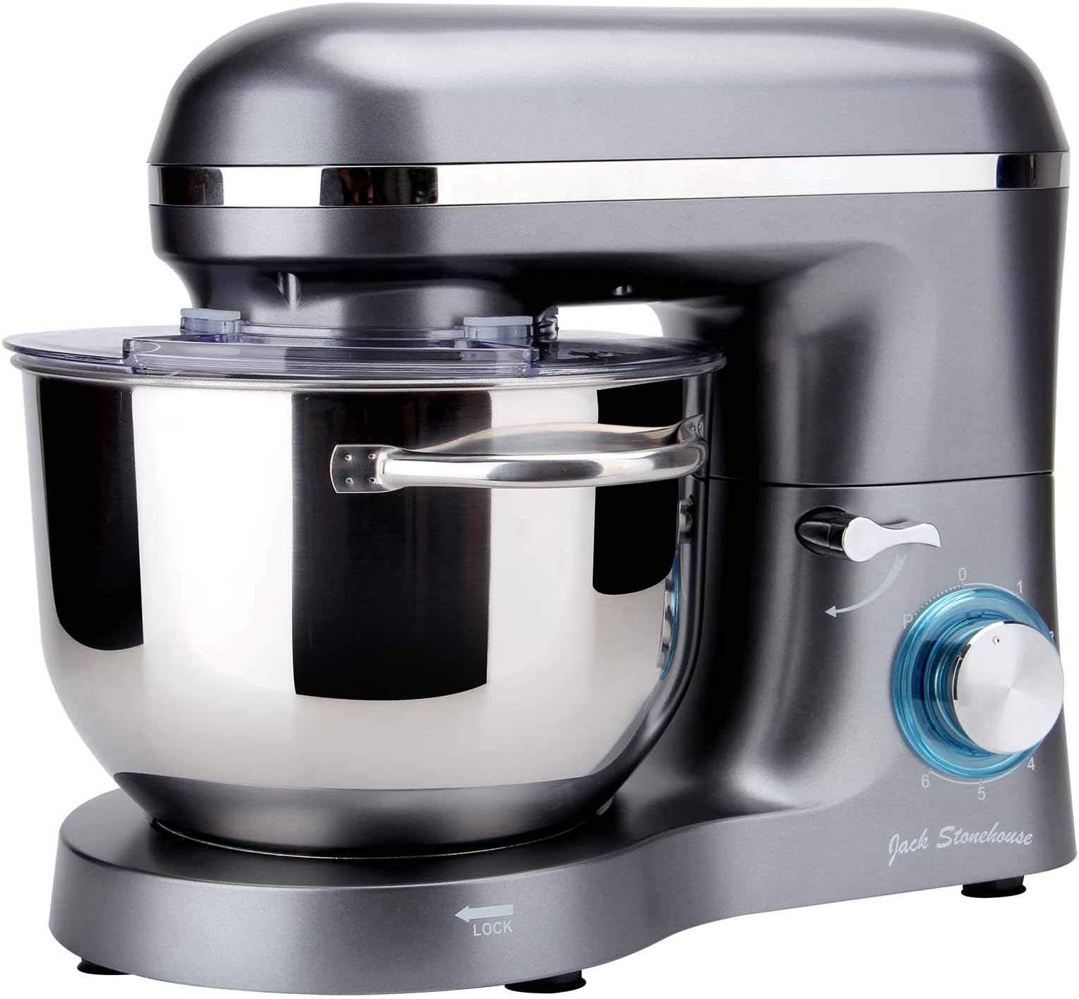 Jack Stonehouse Food Stand Mixer, 6.2L Bowl, 1400W, 6 Speeds, 5 Attachments inc. Splash Guard & Flex Edge Beater, ABS Plastic, 1400 W, 6.2 liters, Grey