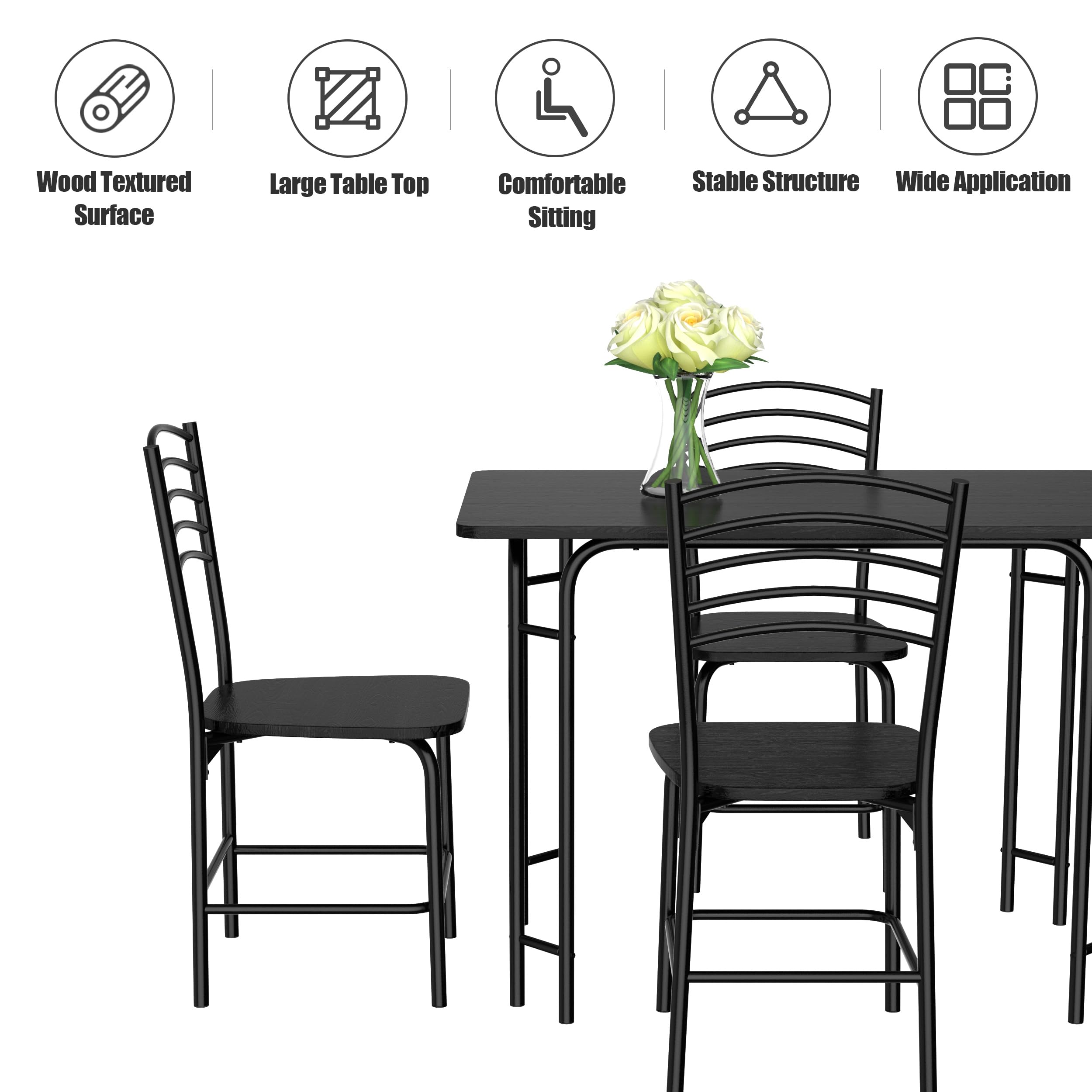 HOMASIS Set da Pranzo con 1 Tavolo e 4 Sedie in Legno, Tavolo Rettangolare con Sedie Ergonomiche, 107 x 70 x 75 cm, Nero