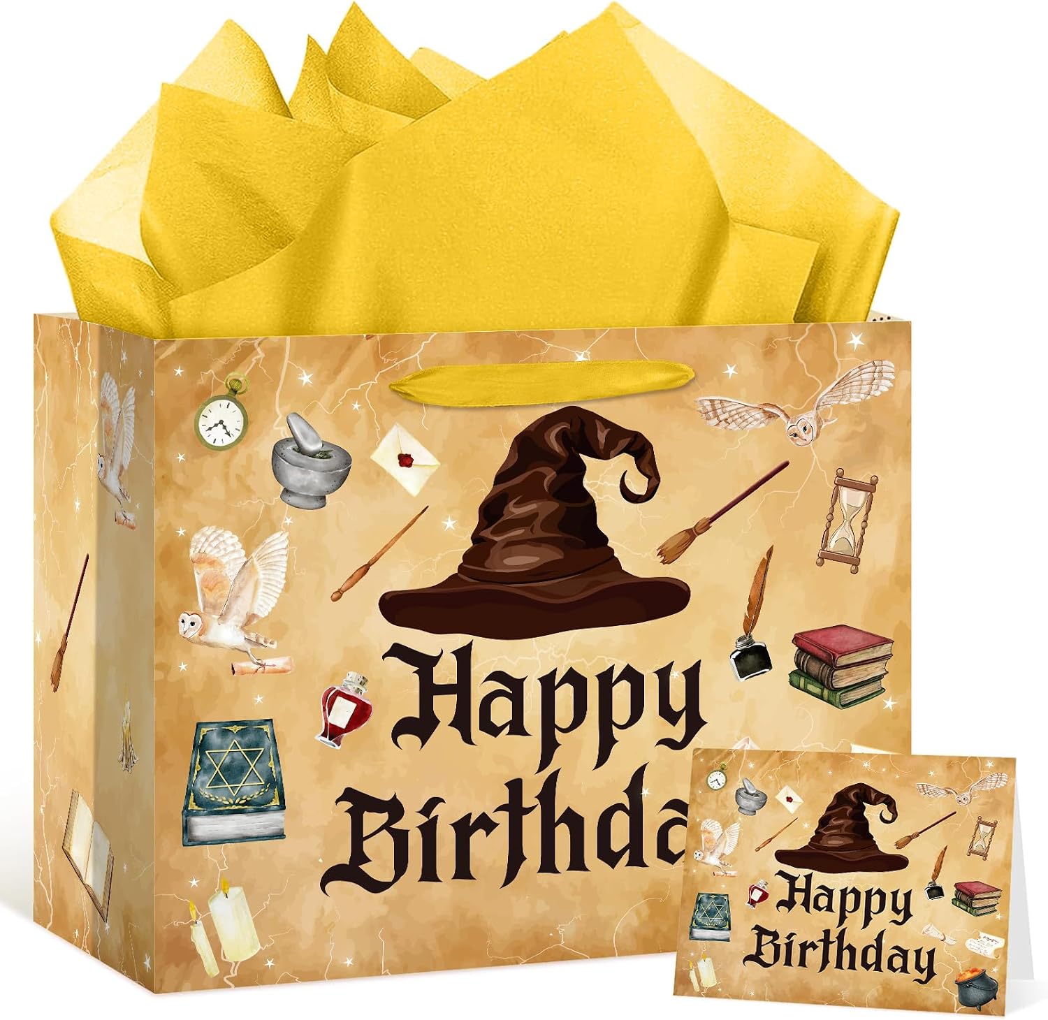 aqwithaj Large Wizard Birthday Gift Bag with Tissue Paper and Card Magical Hat Birthday Party Favor Bags Wizard School Gift Wrapping Paper Bag for Girls Boys Bday Halloween Party Decorations Supplies
