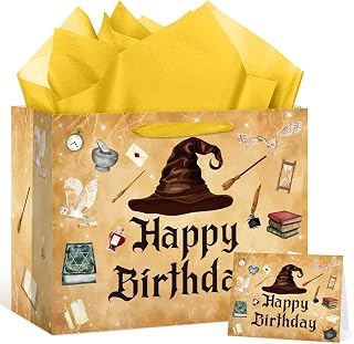 Large Wizard Birthday Gift Bag with Tissue Paper and Greeting Card Magical Hat Birthday Party Favor Bags Wizard School Gift Wrapping Paper Bag for Girls Boys Bday Halloween Party Decorations Supplies