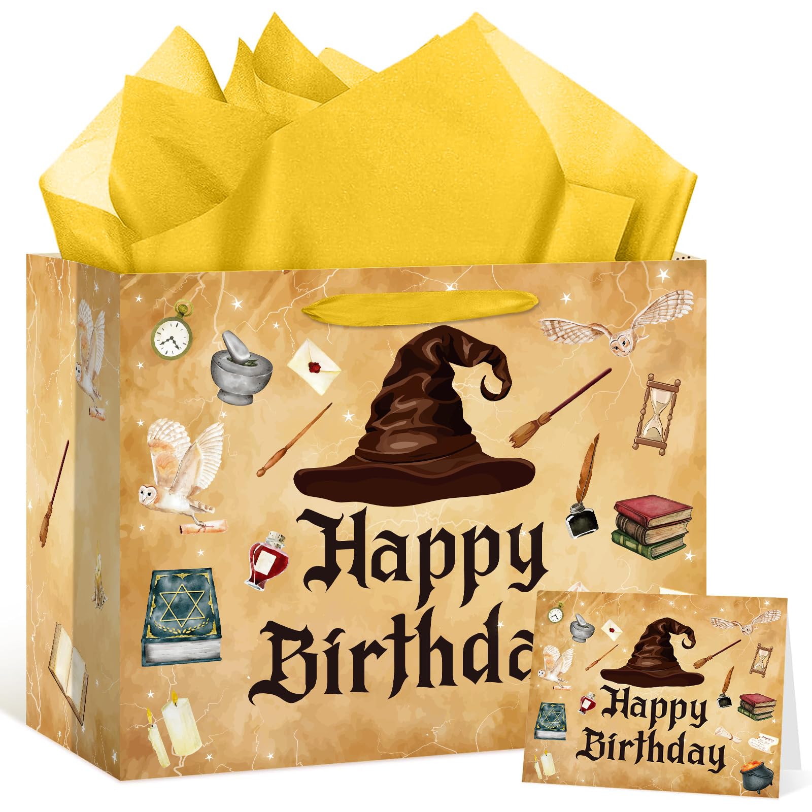 aqwithaj Large Wizard Birthday Gift Bag with Tissue Paper and Card Magical Hat Birthday Party Favor Bags Wizard School Gift Wrapping Paper Bag for Girls Boys Bday Halloween Party Decorations Supplies