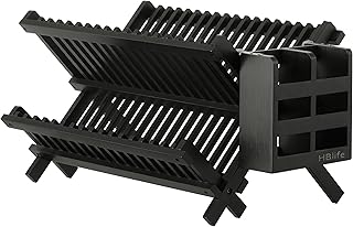 HBlife Dish Rack, Black Bamboo Folding 2-Tier Collapsible Drainer Dish Drying Rack with Utensils Flatware Holder Set (Dish Rack with Utensil Holder)