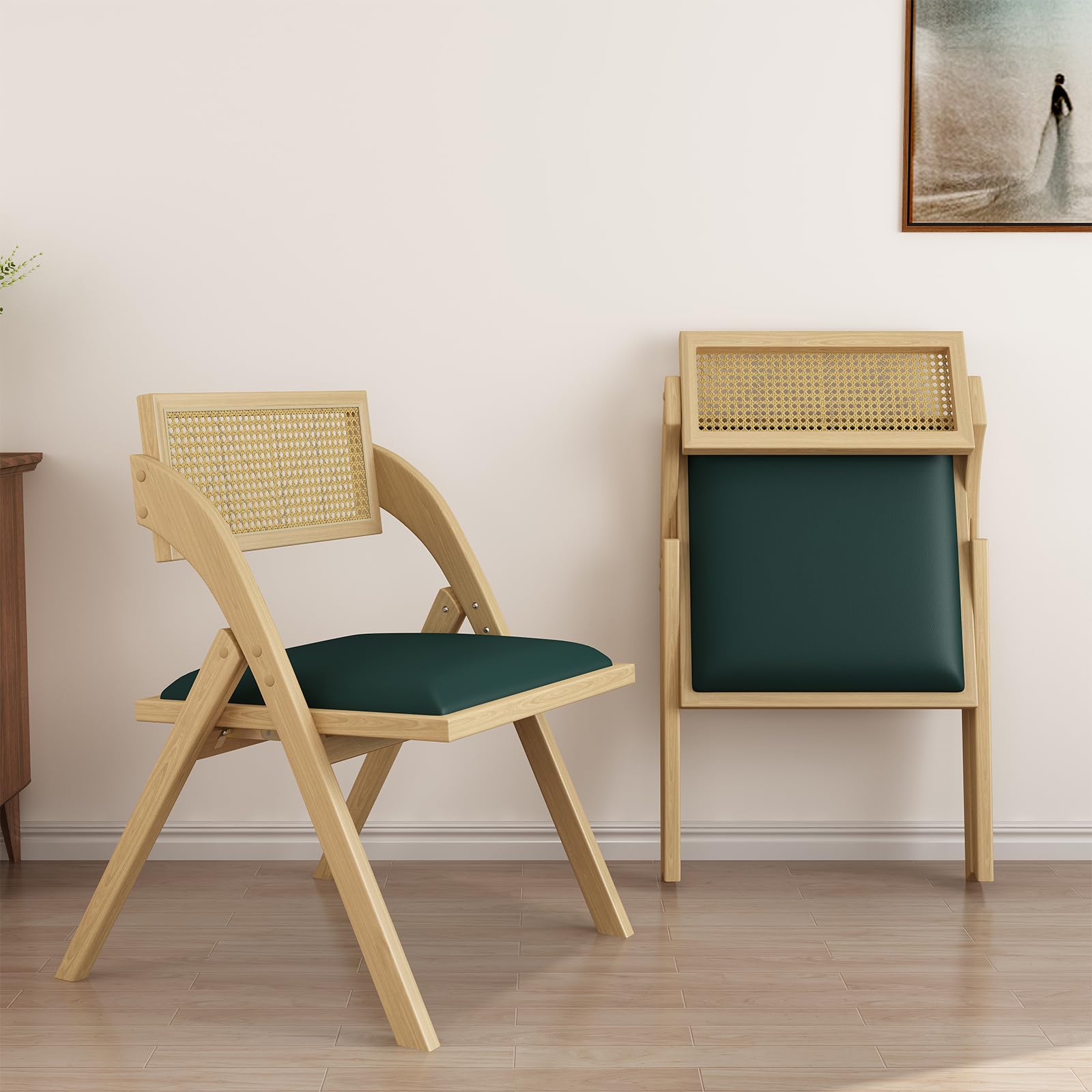 lavimiya Green Folding Dining Chairs Set of 2, Wooden Foldable Chair, Modern Mid Century Leather Rattan Dining Room Chairs with Padded Cushion for