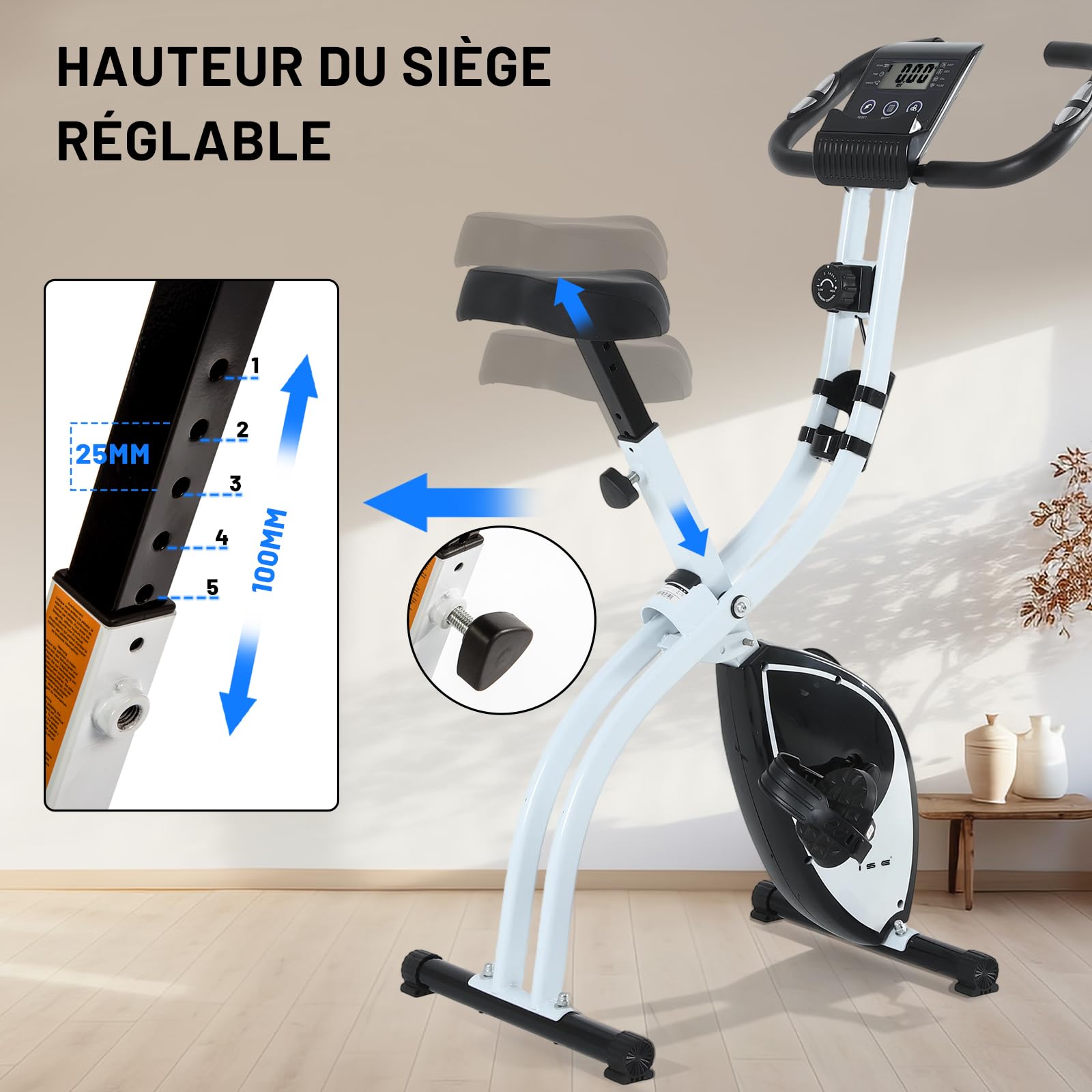 ISE Mini Vélo d'Appartement Pliable, 8 Niveaux Résistance Magnétique, Ecran LCD, Capteur de Fréquence Cardiaque, Blanc