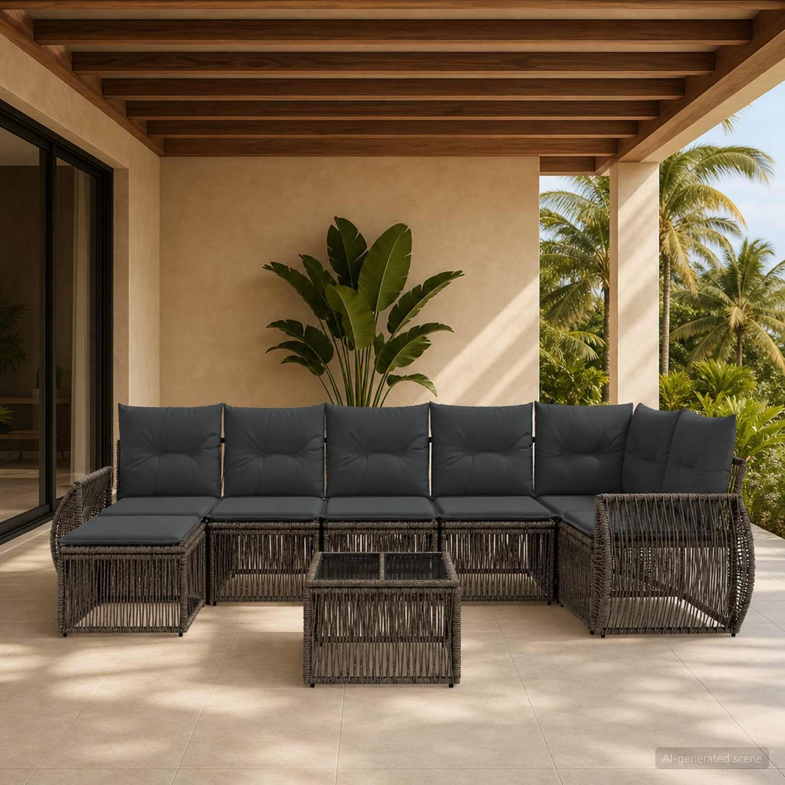 Garten-Sofa-Set, 8-teilig, Polyrattan, dunkelgrau