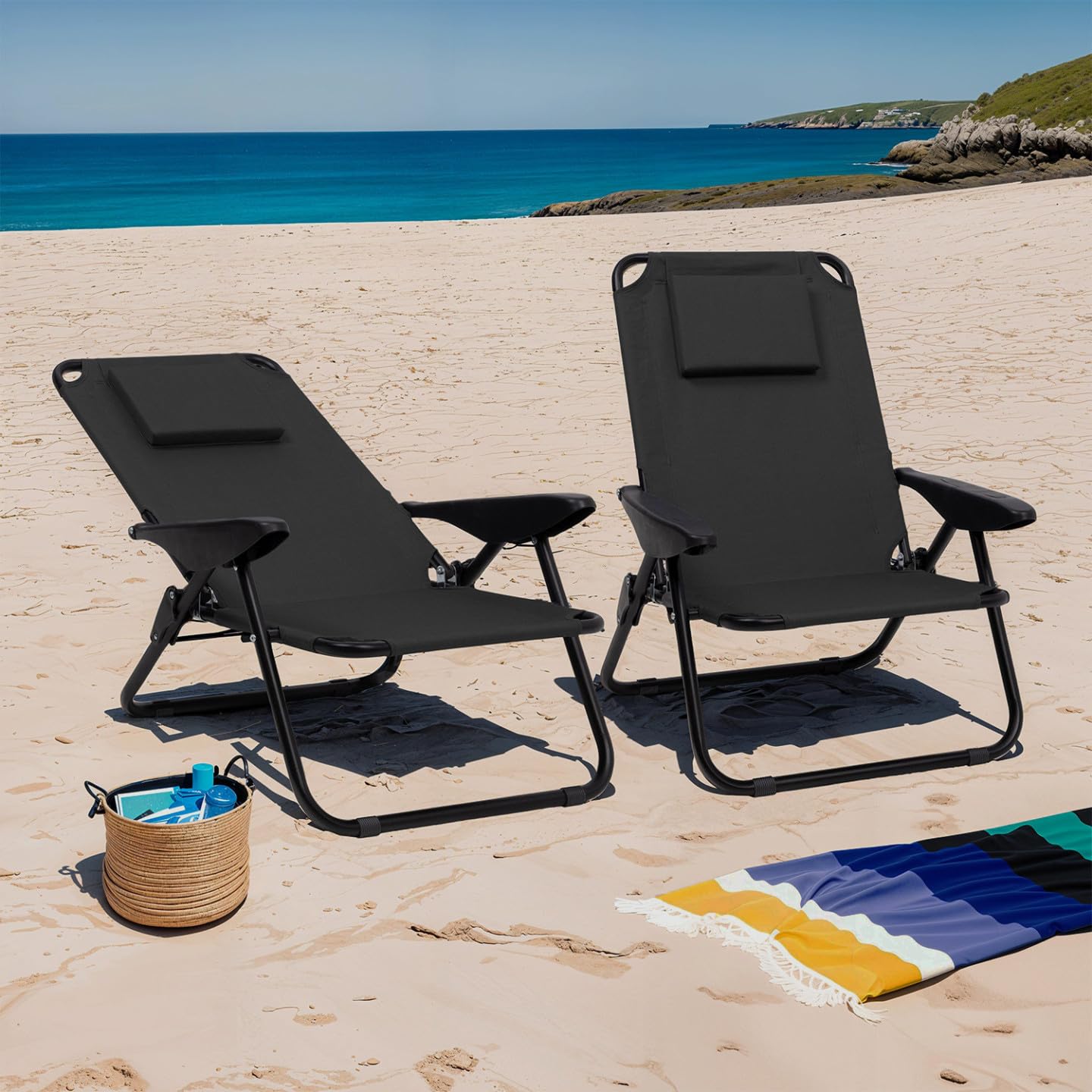 IDMarket - Lot de 2 chaises de Plage Pliantes - fauteuils de Jardin inclinables Sac à Dos Noir et Toile Noire