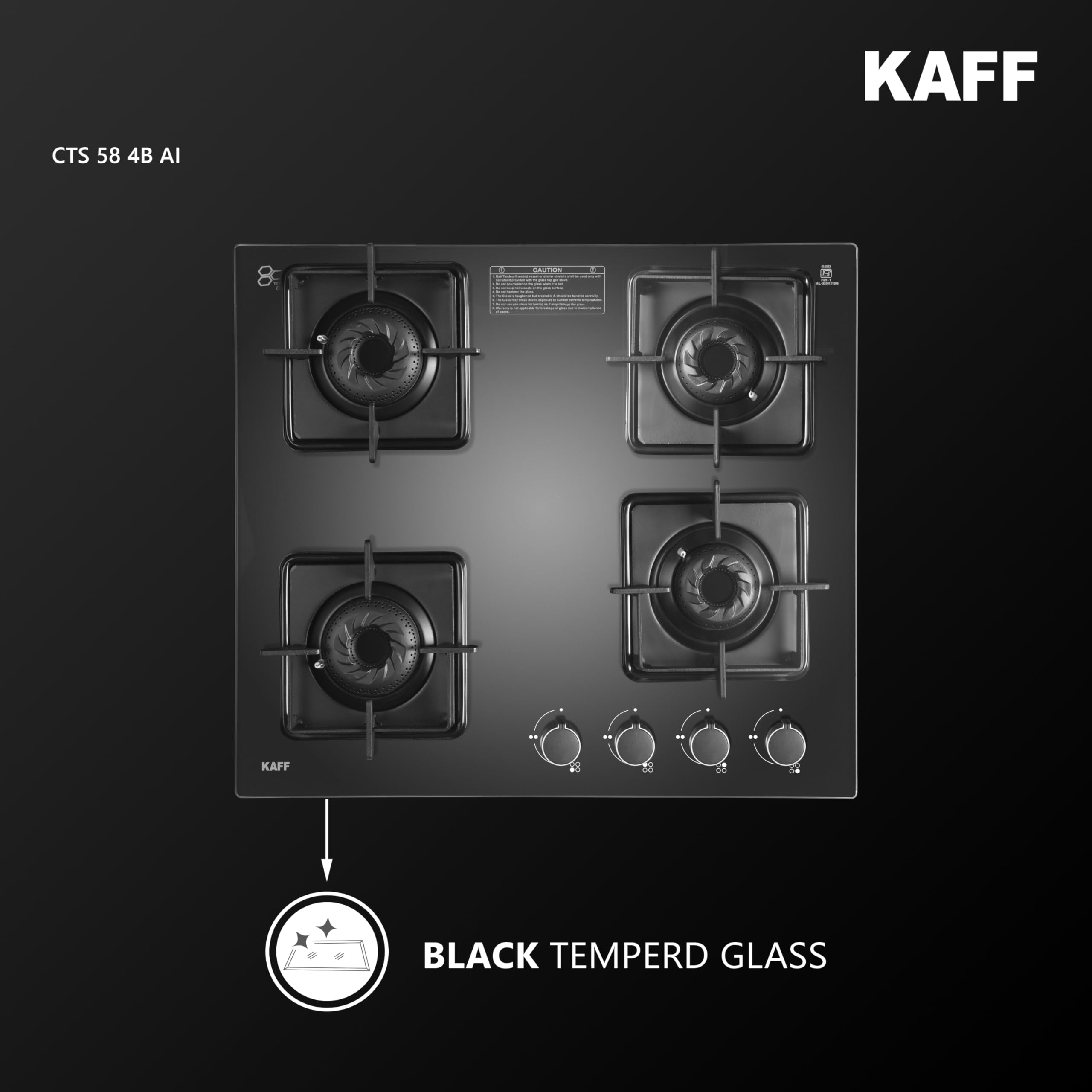 KAFF 4 Burner Gas Cooktop - Auto Ignition, Black -8