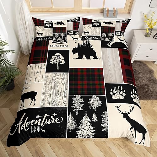 Funda de edredón retro de cabaña juego de ropa de cama rústica de retazos oso de caza ciervo vida silvestre para niños adolescentes y adultos juegos