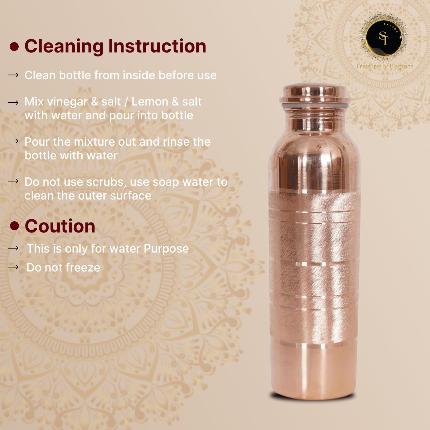 Wasserflasche aus reinem Kupfer, 1000 ml, Wasserflasche mit Deckel, ayurvedische Kupferwasserflasche, Kupferwassergefäß, auslaufsicher