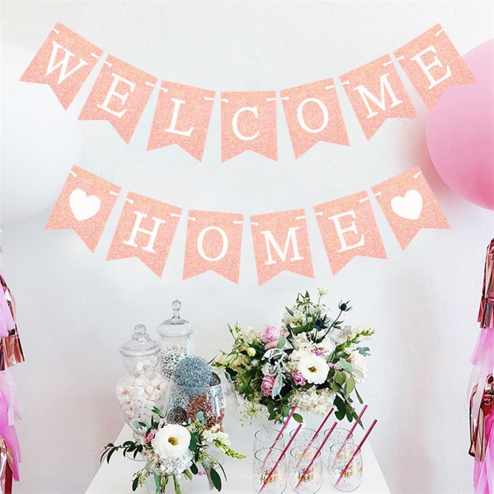 bng-bng Welcome Home Banner Rose Gold Women Girls Welcome Back Decorations Glitter Bunting Backdrop for Back to Home Baby Shower Party Decorations - Image 3