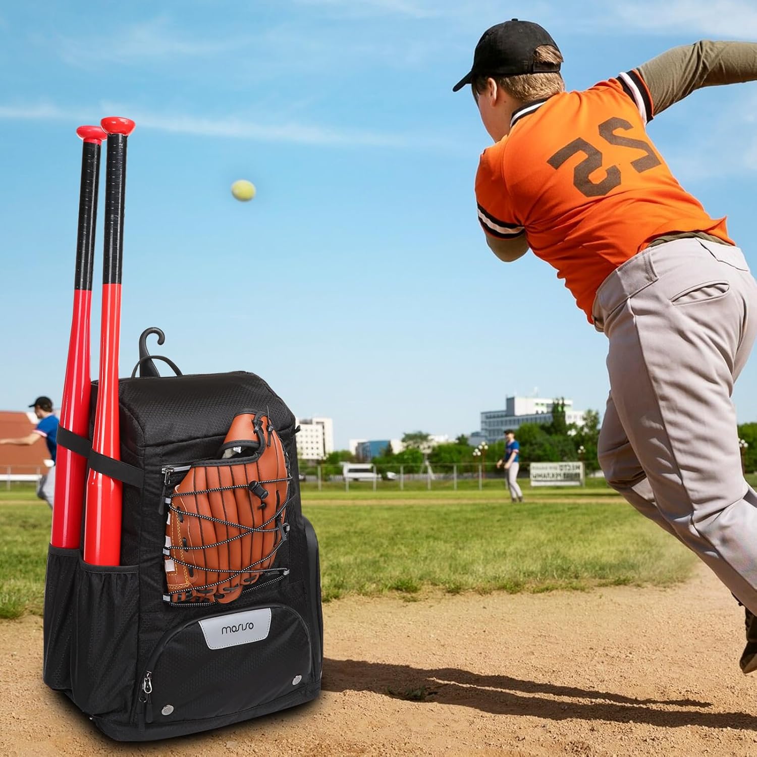 MOSISO Baseball Bat Bag, Large Capacity Baseball Backpack for Men Women, Lightweight Softball Equipment Backpack Catchers Gear Bag with Fence Hook & Shoe Compartment for Training Sports, Black
