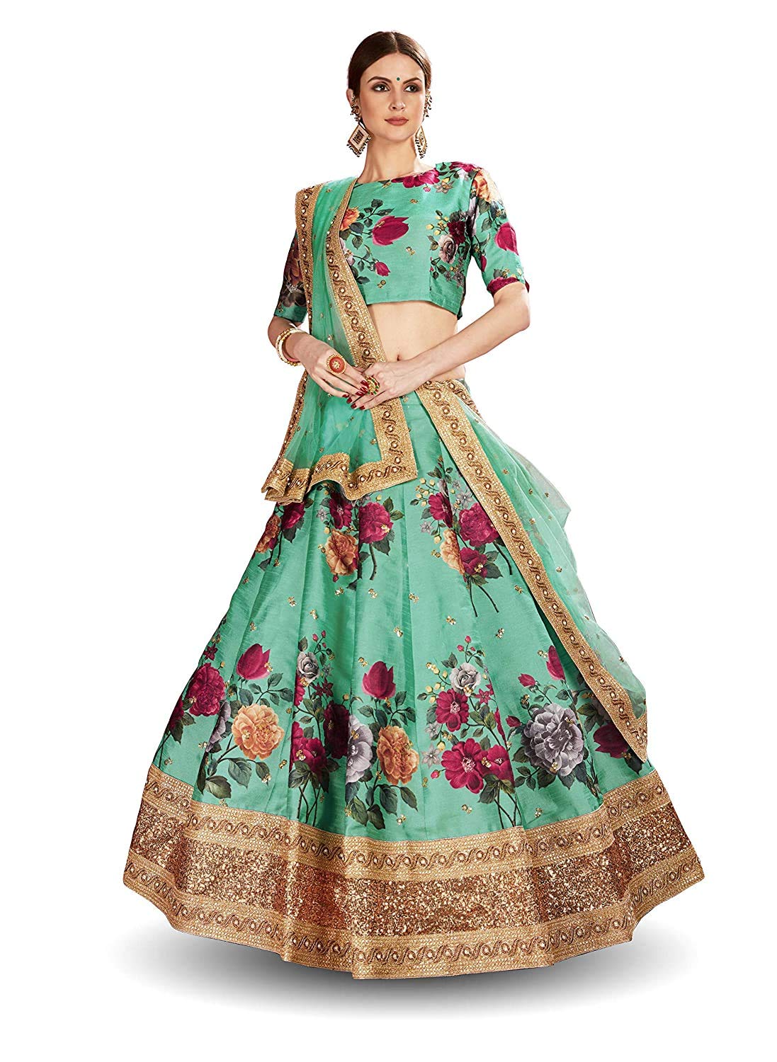 Zeel ClothingWomen's Art Silk Digital Floral Print Embroidered Semi-stitched Lehenga Choli with Dupatta (Green)