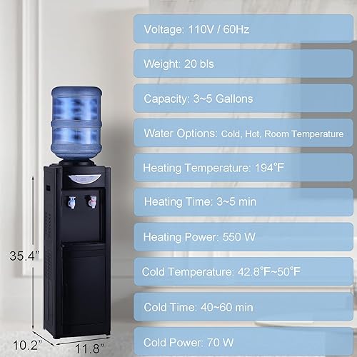 Miniatura 2 de Dispensador de enfriador de agua calientefría de carga superior de 5 galones con cerradura de seguridad para niños y gabinete de almacenamiento,