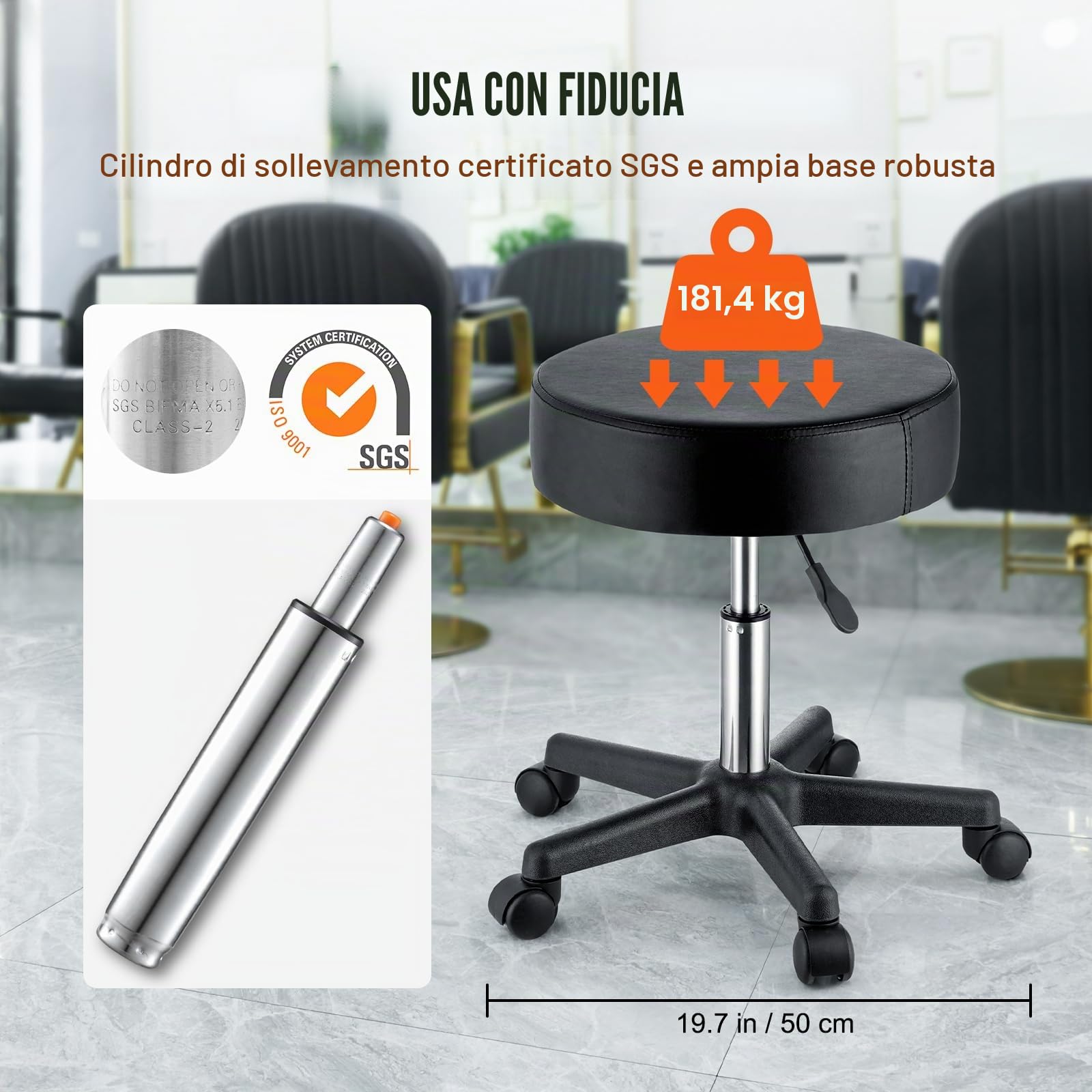 VEVOR Sgabello Rotondo Altezza Regolabile 460-605 mm Senza Schiena Capacità Carico Max. 181kg per Ufficio Salone Studio Parruccheria, Sedia a Rotella da Lavoro Girevole 500 x 500 x 460 mm per Ufficio