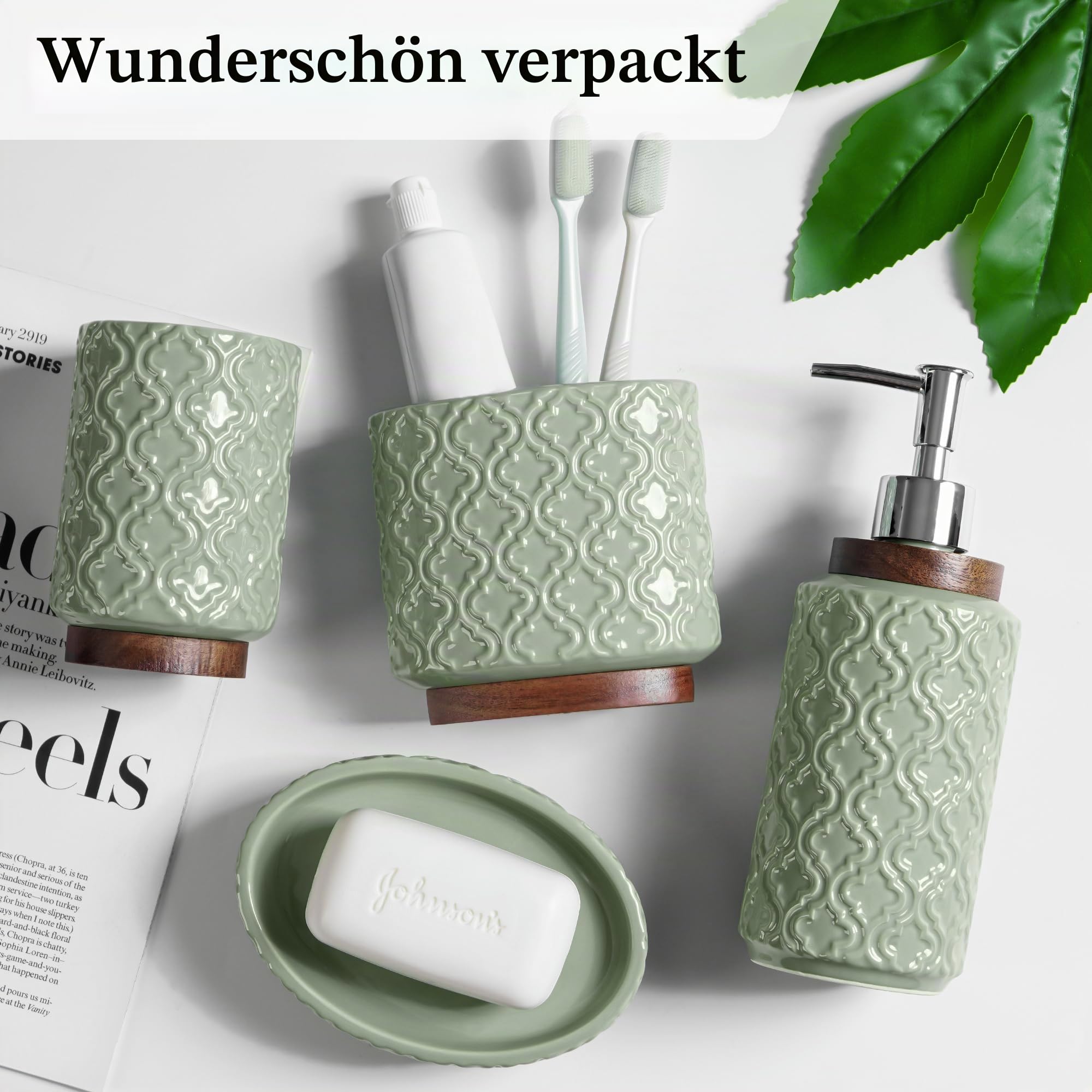 RQYIXI Badezimmer-Zubehör-Set, Zahnbürstenhalter, Seifenspender, Keramik-Badezimmer-Set mit Zahnputzbecher, Seifenschale, Becher, 4-teilig
