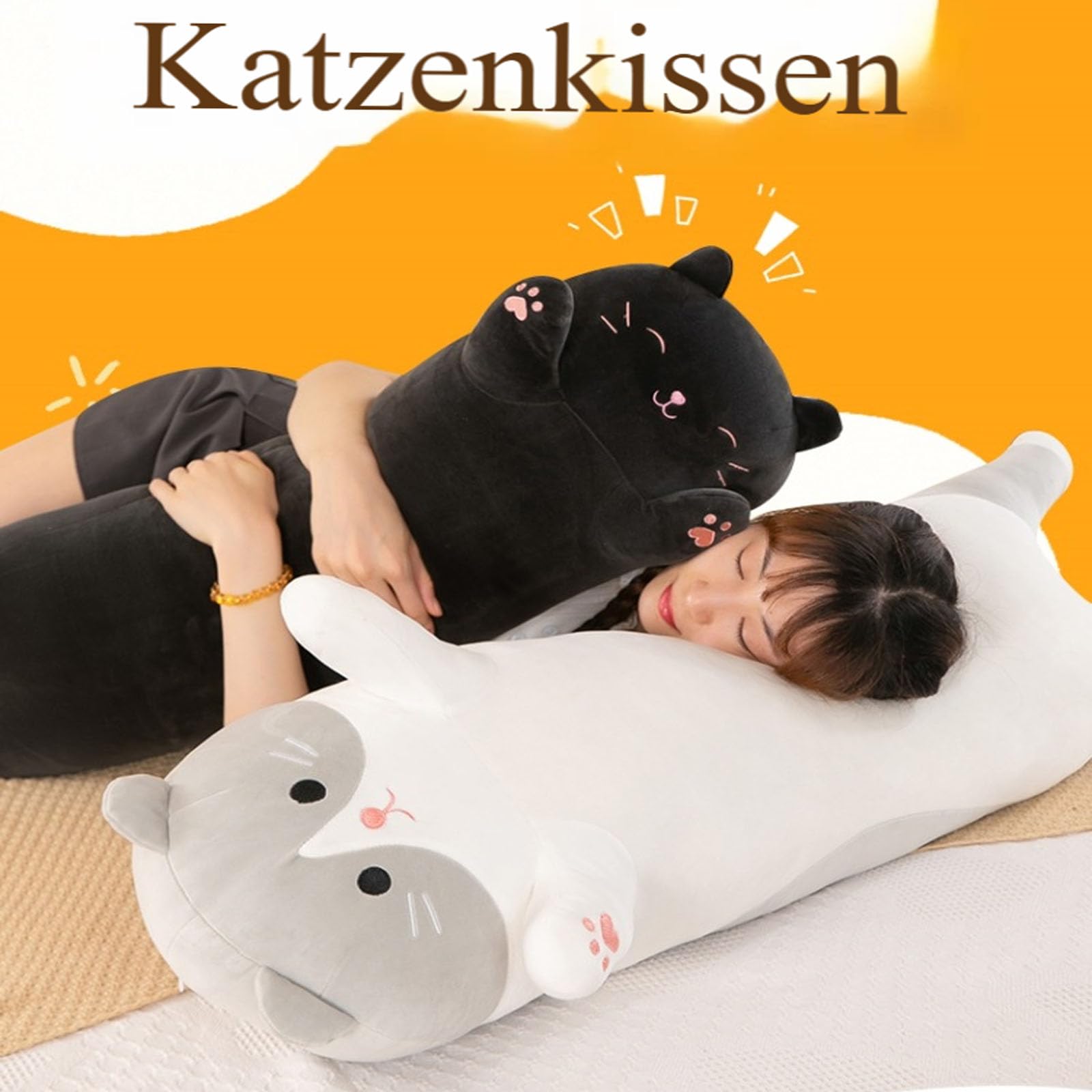 Langer Katzen plüsch Kissen, 3D niedliche Katze Plüschtiere, Puppe Spielzeug Schlafkissen, riesen XXL Kawaii plüschtier, Ausgestopftes Tier Wurfkissen, Geschenk Für Kinder Freundin (110cm,Grau)