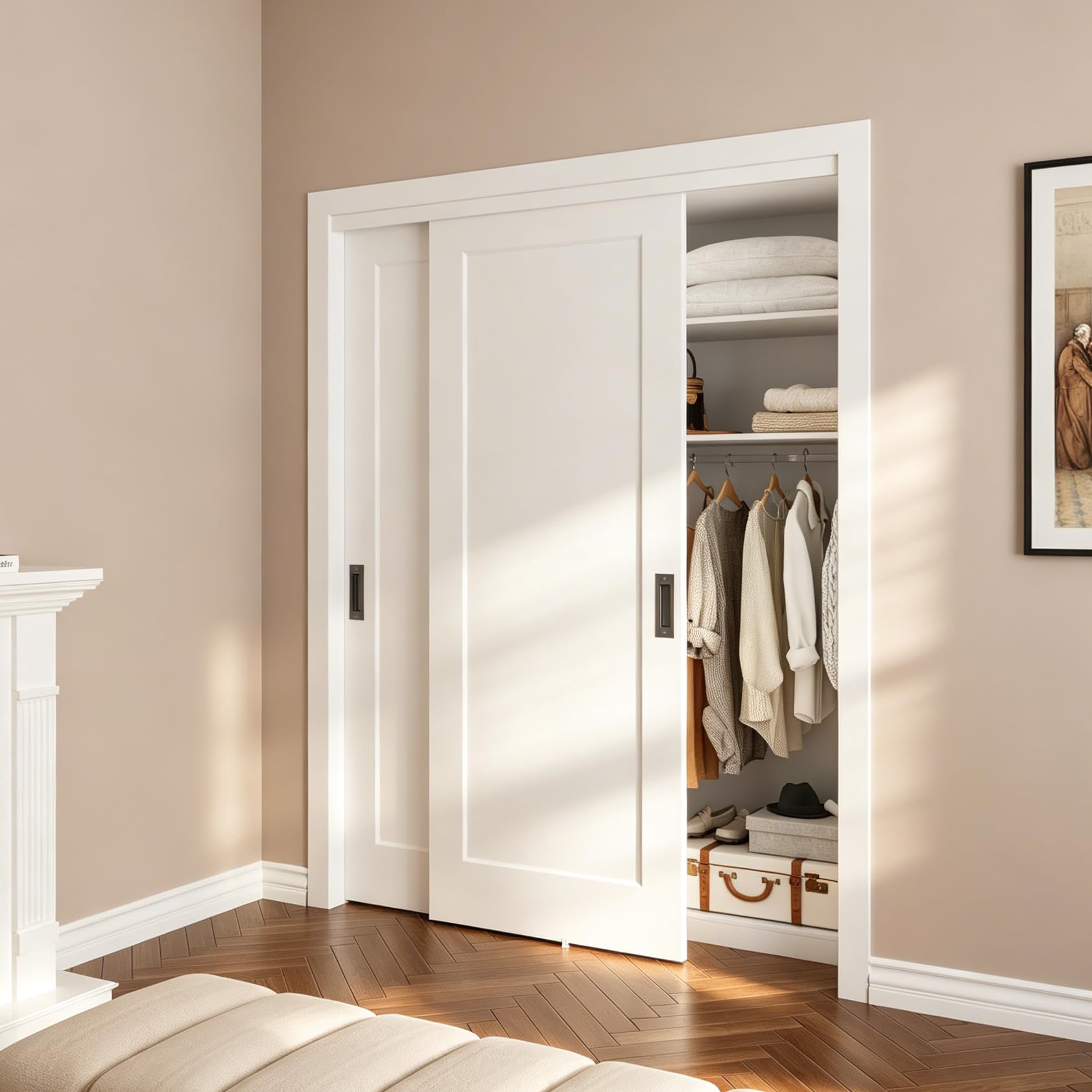 barnsmith 60x80 in 1-panel sliding closet door, white primed bypass interior door with top track & floor guide, preassembled door slab with paintable surface (used)