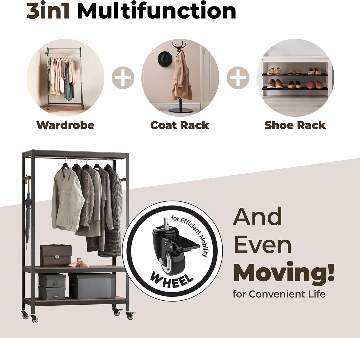 Black Adjustable Metal Garment Rack with Shelves and Casters