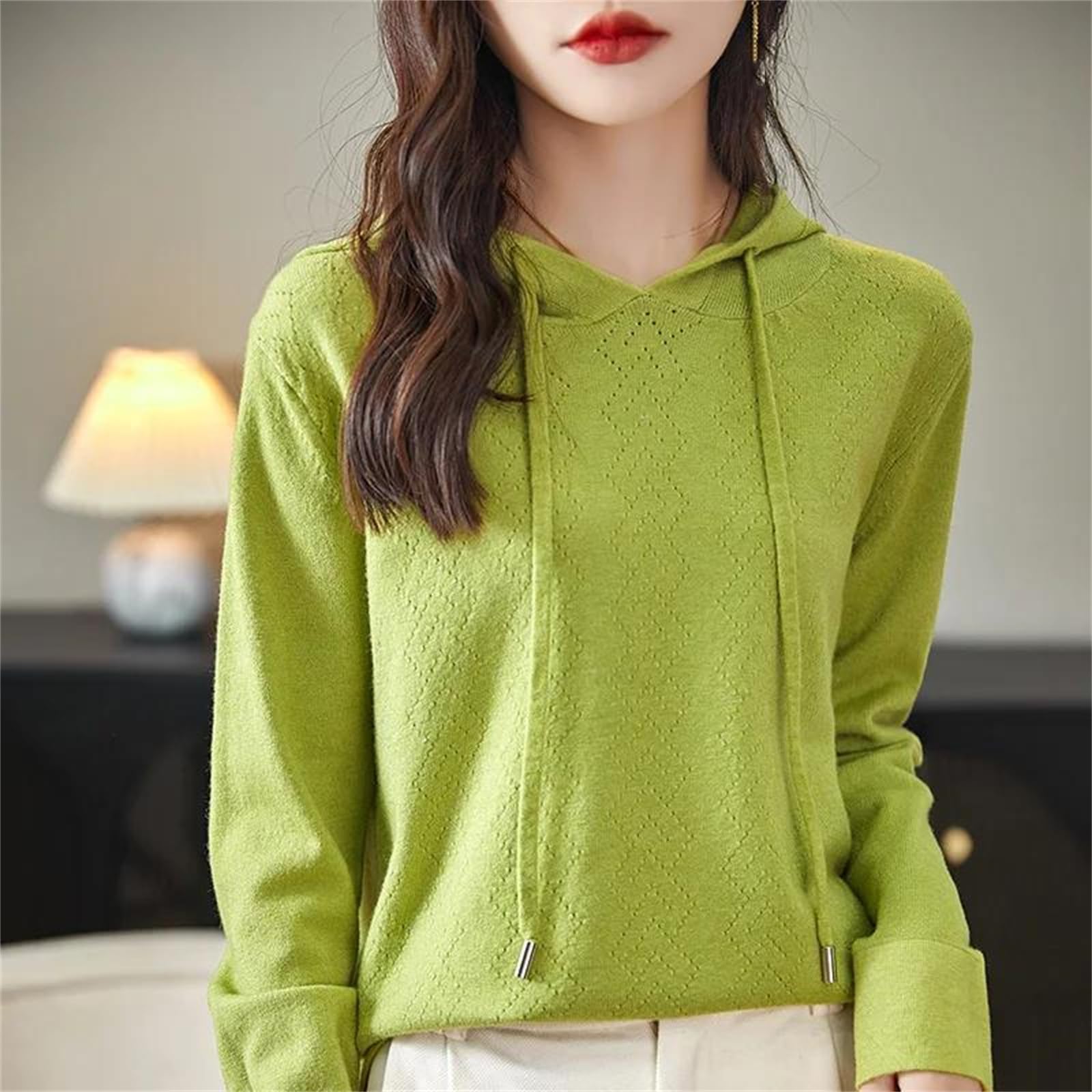 Pullover da donna con cappuccio in cashmere primaverile maglione con cappuccio sciolto felpa con cappuccio a maglia rosso lampone, Rosso lampone., XS