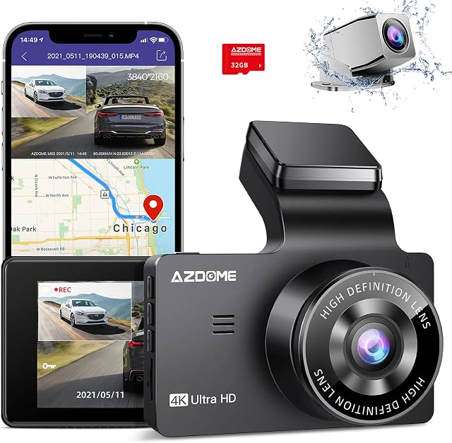 AZDOME 4K Dual Dash Cam, Built-in GPS/WiFi (SD Card Included), Dashboard Camera with UHD 3840x2160P, 3" Display, Sony Sensor, 170° FOV, WDR, Night Vision, Parking Monitor, Loop Recording, G-Sensor