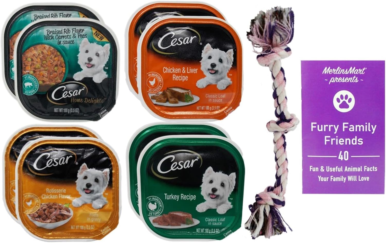Cesar Dog Food 4 Flavor 8 Can Variety (2) Each Braised Rib Carrots Peas, Chicken Liver