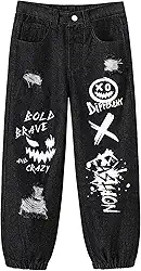 Calça jeans masculina folgada rasgada com letras estampadas para crianças