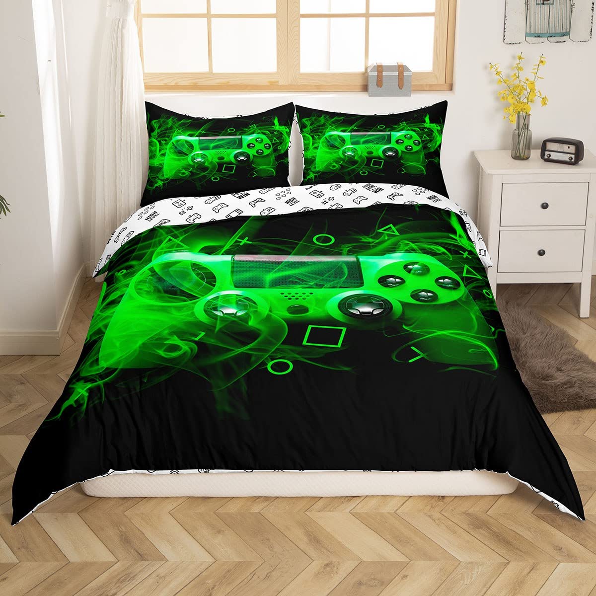 Youth Gaming Bedding Set Kids Gamer Duvet Cover for Boys Girls Game Controller Comforter Cover Teens Modern Games Console Action Buttons Bedspread Cover Room Decor Double Size Green Black - Image 3