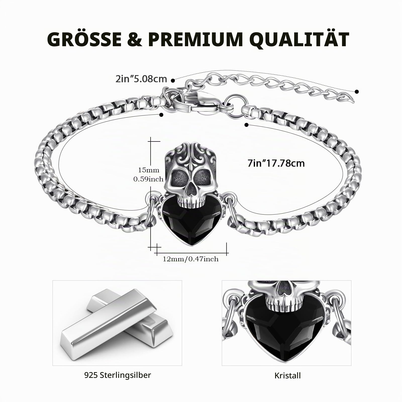 Totenkopf Armband 925 Sterling Silber Totenkopf Armband mit Rotem/Blauem/Schwarzem/Grünem Kristall Gothic Totenkopf Punk Schmuck Geschenke für Frauen Männer Mädchen Jungen, mit Edelstahlkette