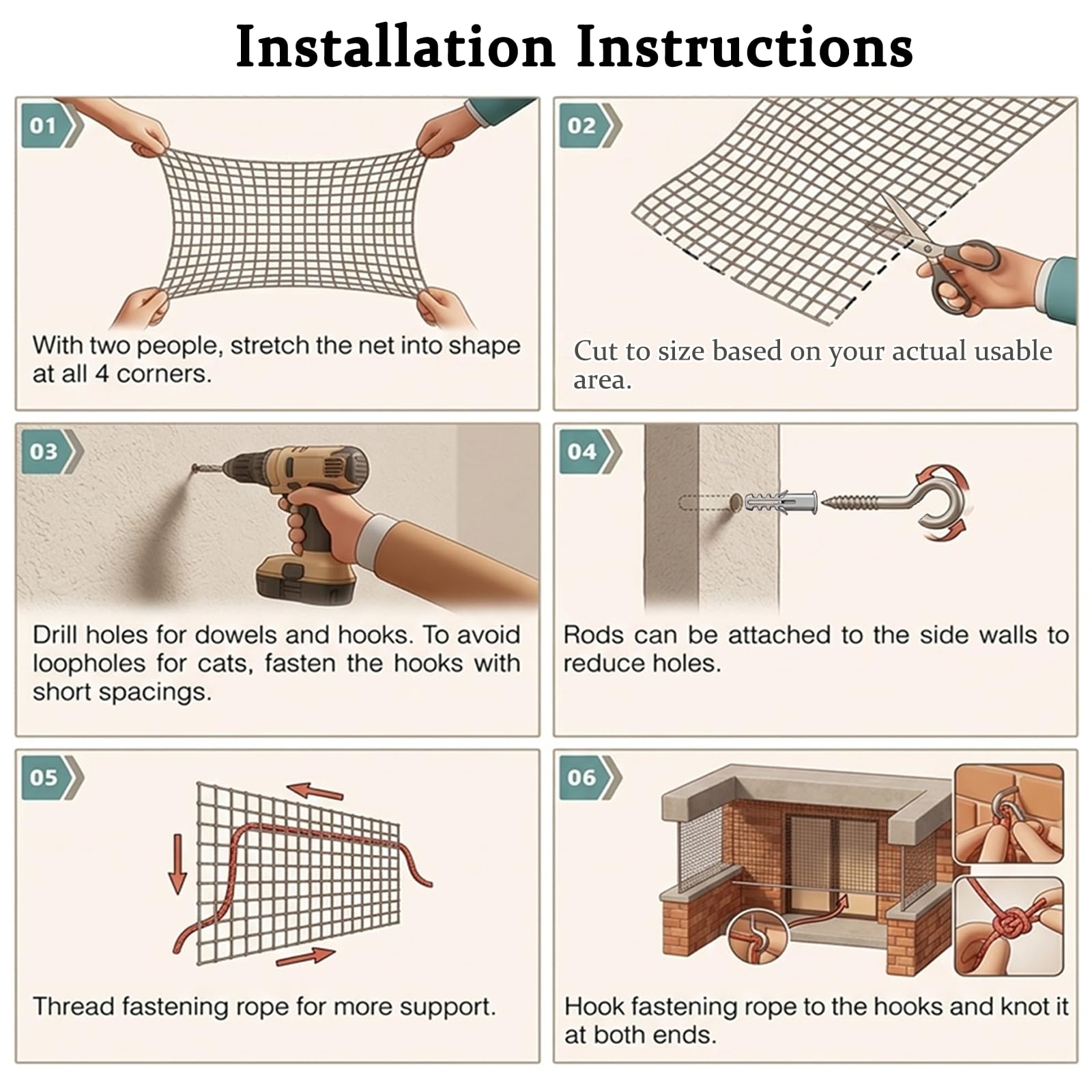 Katzennetz für Balkon, 8x3m Katzenschutznetz Schwarz mit Befestigungsseil und Zubehör, Balkonnetz für Katzen Katzenschutznetz für Escaliers, Fenêtres, Terrasses