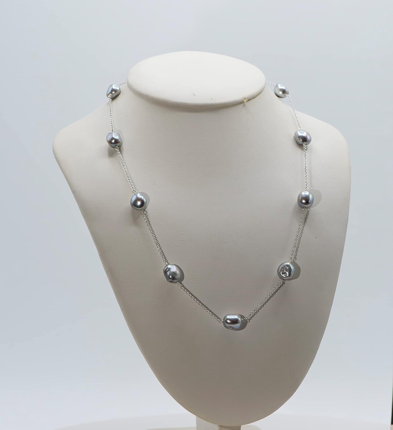 Sterling Silver Cable Chain Tin-Cup Necklace with Organic Dyed-Gray Cultured Freshwater (10-11mm) Baroque Pearl Stations, 18" or 20" for Men, Women, Unisex Trending Fashion